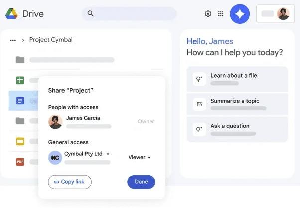 Google Drive share dialog for a project folder, next to an AI assistant panel