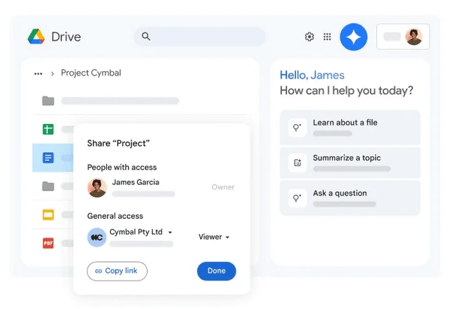Google Drive avec une fenêtre de partage indiquant les personnes ayant accès, un bouton Copy link et un panneau d'assistant