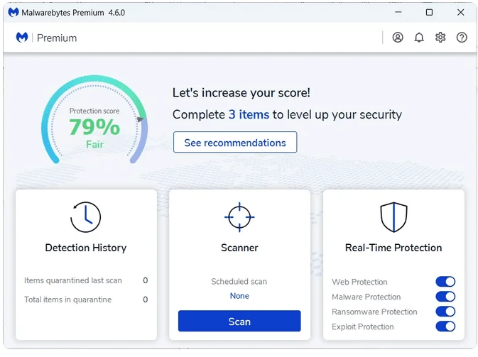 Malwarebytes Premium dashboard with a 79% protection score, scanner and real-time protection toggles