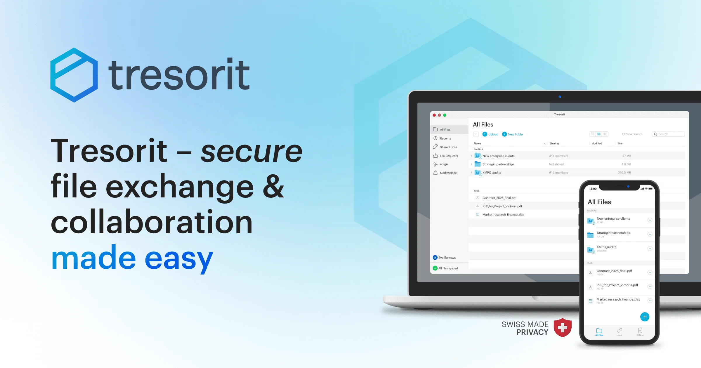 Bannière Tresorit « secure file exchange & collaboration made easy », avec l'application sur ordinateur et téléphone