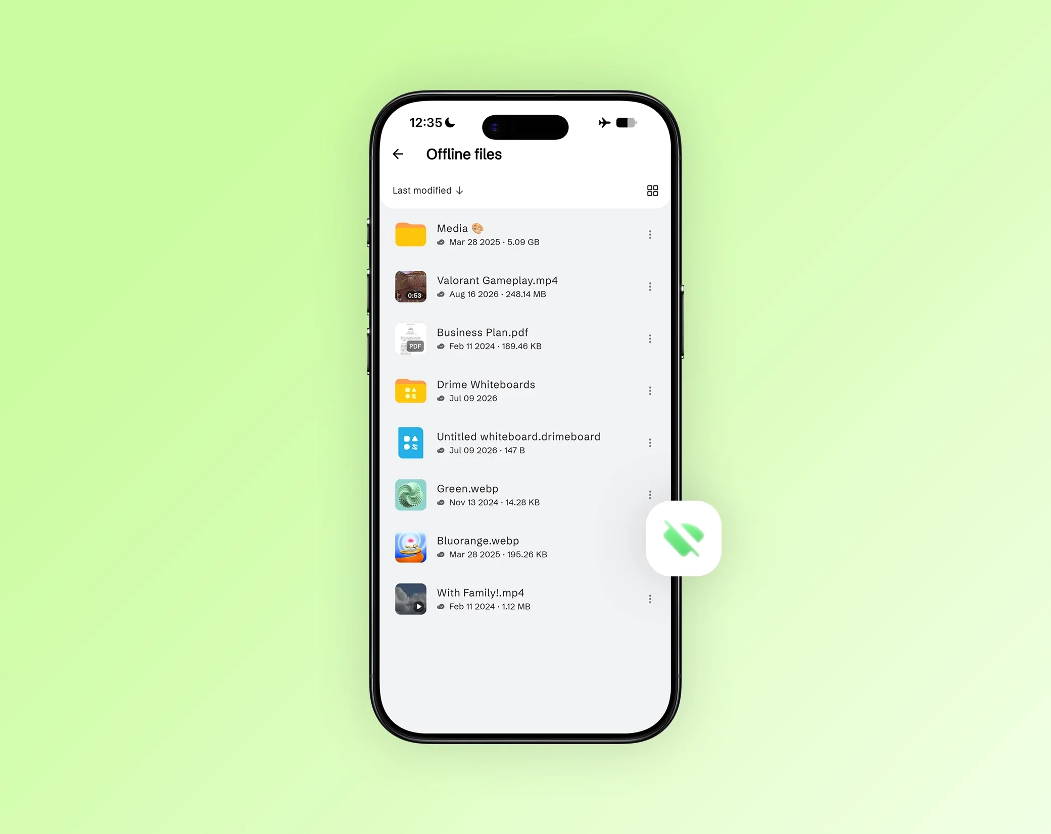Liste der Offline-Dateien in der mobilen Drime-App mit Medien, PDFs, Whiteboards und Videos