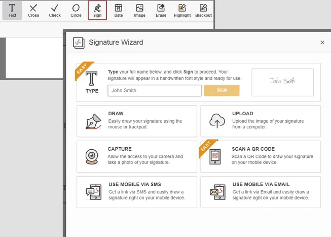 pdfFiller Signature Wizard: type, draw, upload, capture, scan a QR code, or sign on mobile via SMS or email