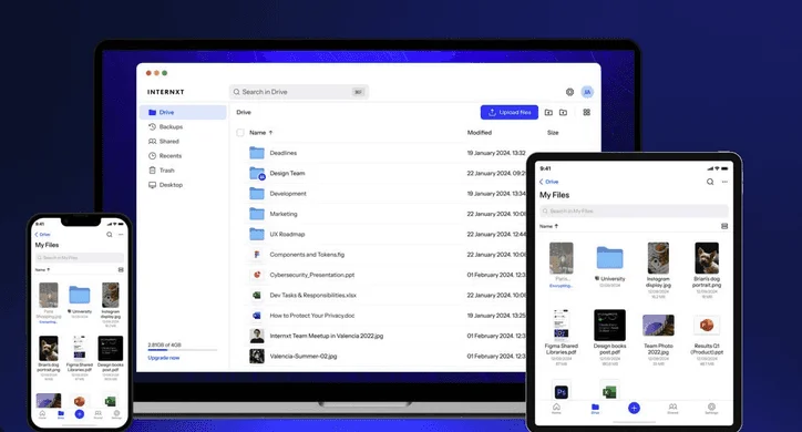 Internxt Drive affiché sur un ordinateur portable, un téléphone et une tablette avec dossiers et fichiers