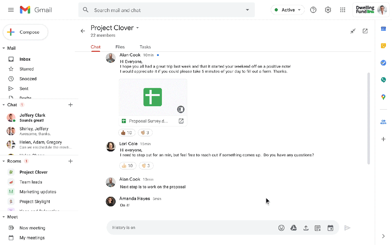 Salon Google Chat « Project Clover » dans Gmail, avec des messages d'équipe et un fichier partagé