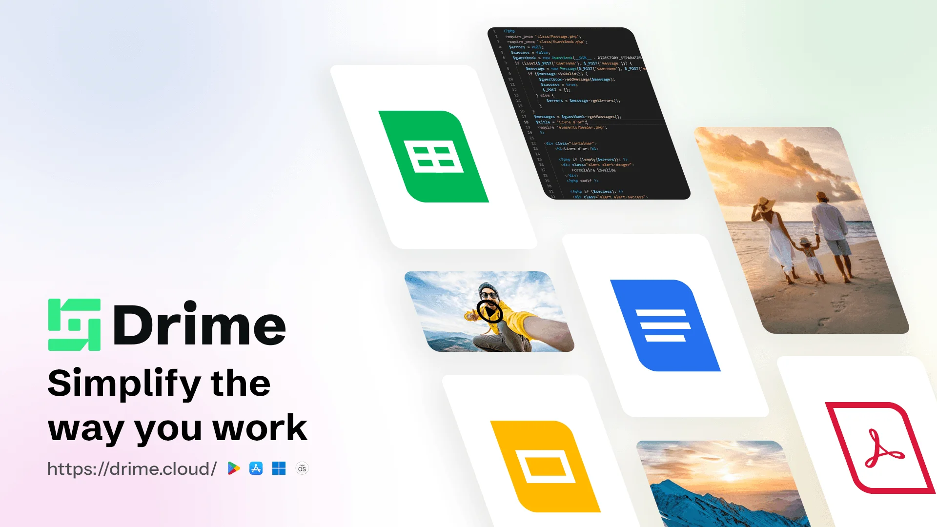 Drime banner “Simplify the way you work” with file type icons and photos