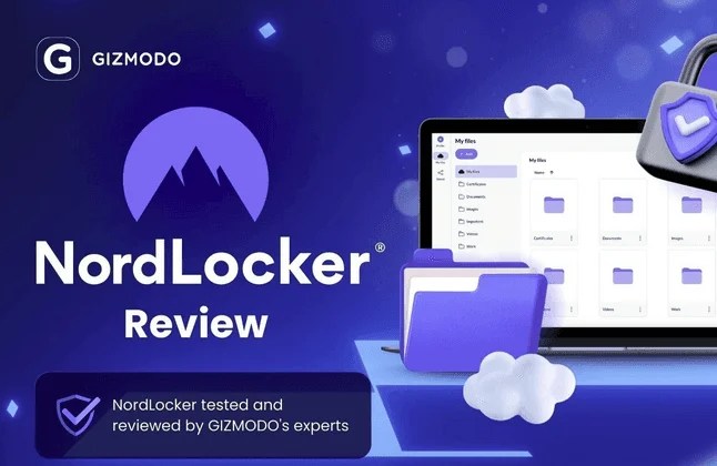 Gizmodo NordLocker review banner with the NordLocker logo and its file manager on a laptop