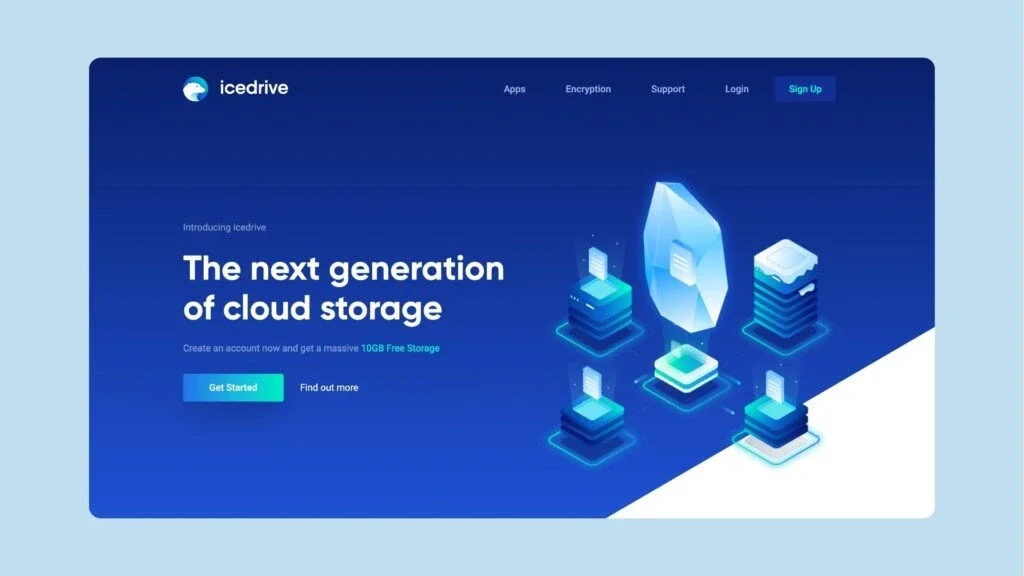 Page d'accueil d'Icedrive : « The next generation of cloud storage », avec une offre de 10GB Free Storage