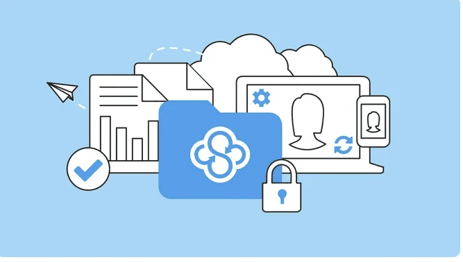 Sync.com logo on a folder with a padlock, surrounded by documents, devices and sync icons