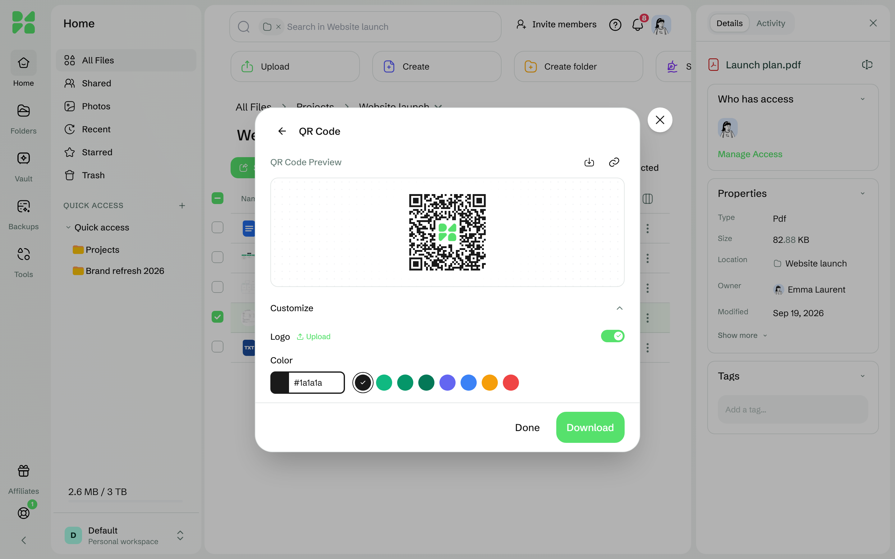 Het QR-codepaneel met de opties voor kleur en logo
