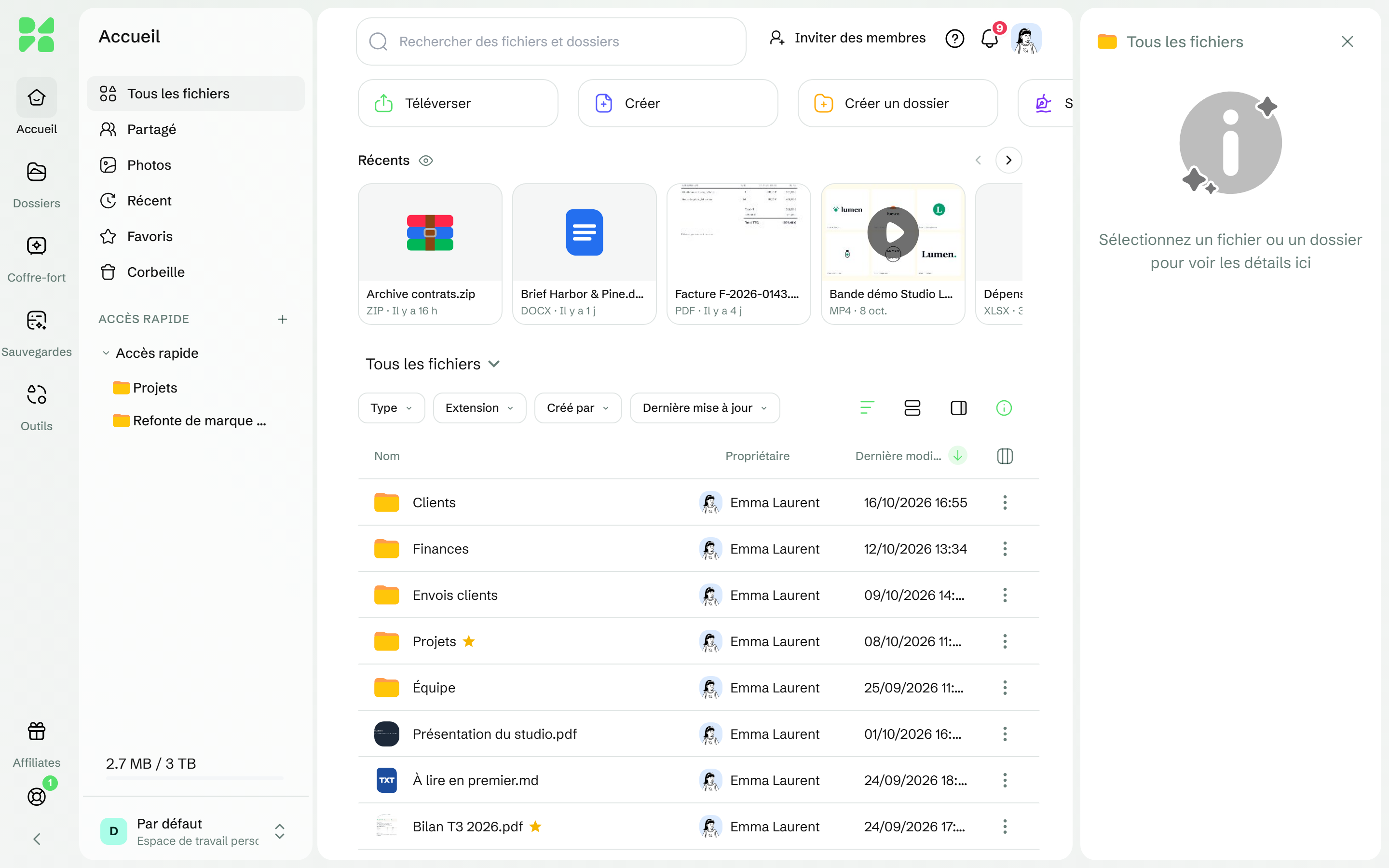 Application web Drime, Accueil > Tous les fichiers : les fichiers récents en haut, puis les dossiers Envois clients, Projets, Clients, Finances et Équipe et quelques fichiers