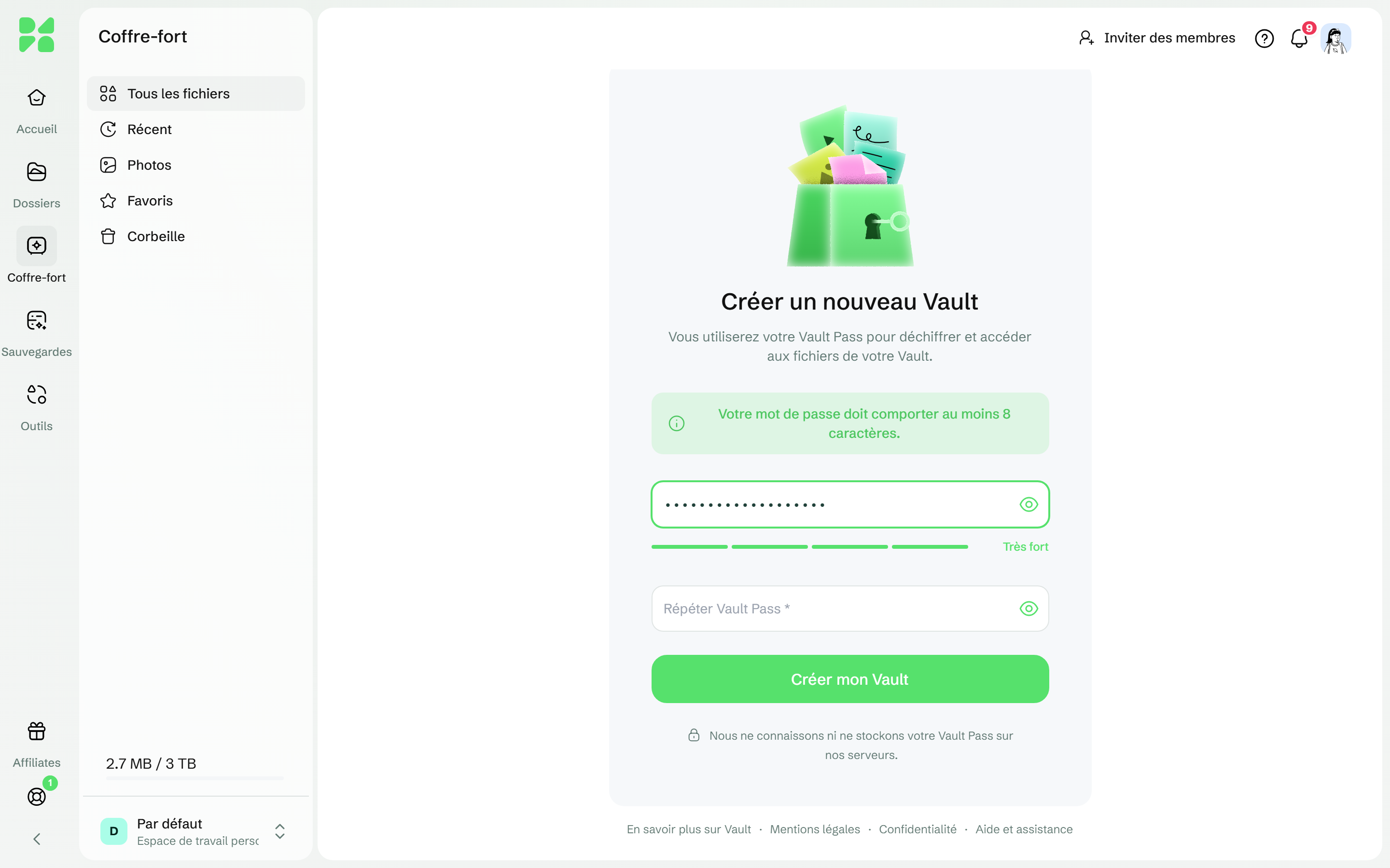 La carte Créer un nouveau Vault, avec un Vault Pass saisi, la jauge sur Fort et le champ Répéter Vault Pass