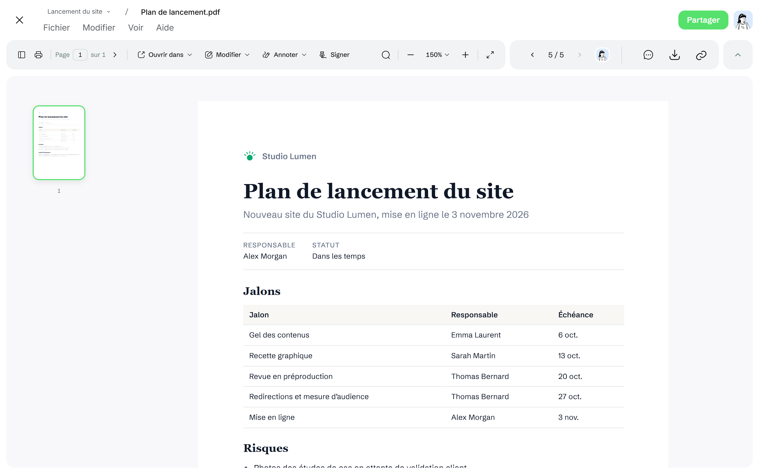 Plan de lancement.pdf ouvert dans l’aperçu : la première page avec la barre d’outils de l’aperçu