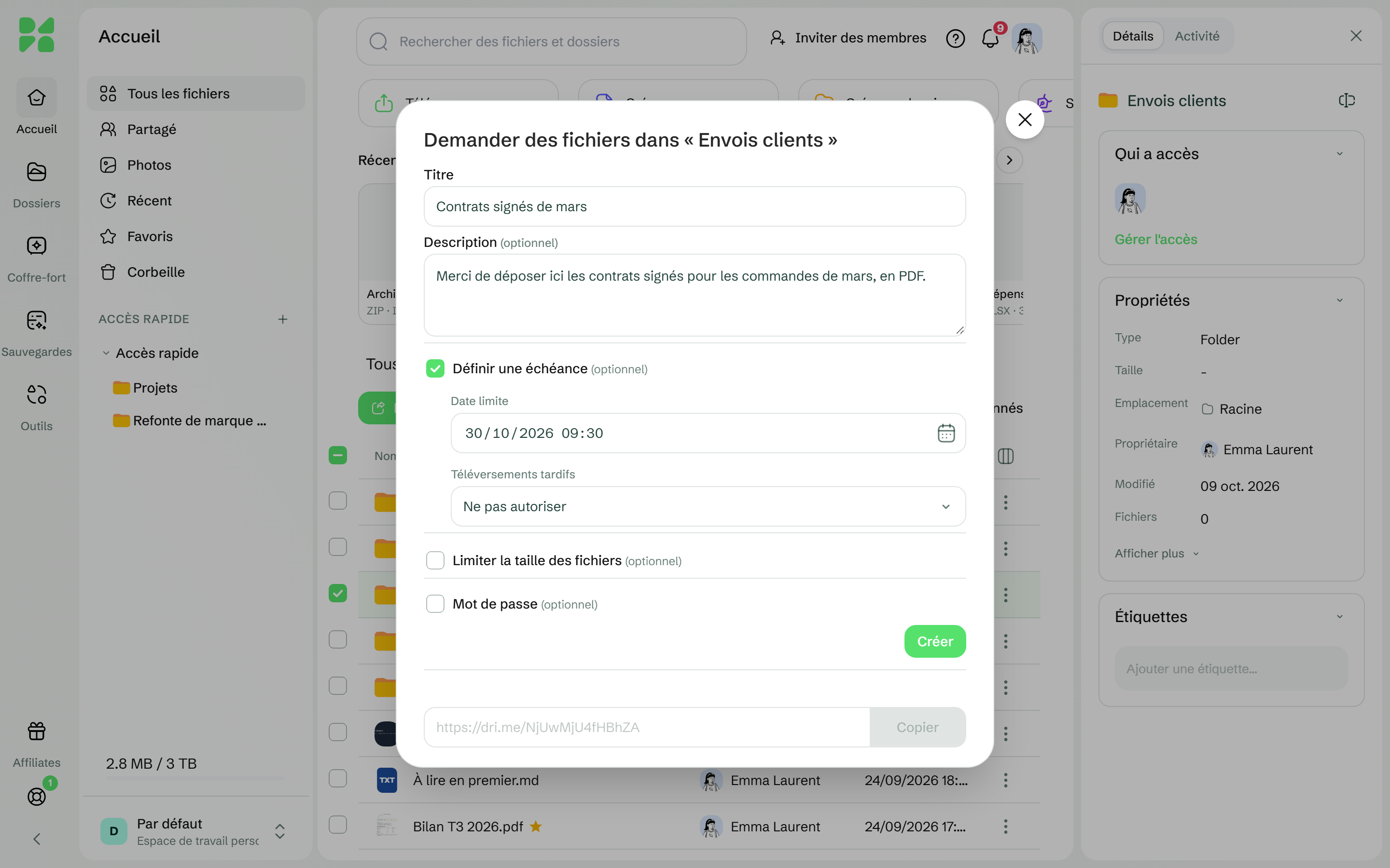 La fenêtre de demande de fichiers pour le dossier Envois clients, avec un titre, une description et une échéance