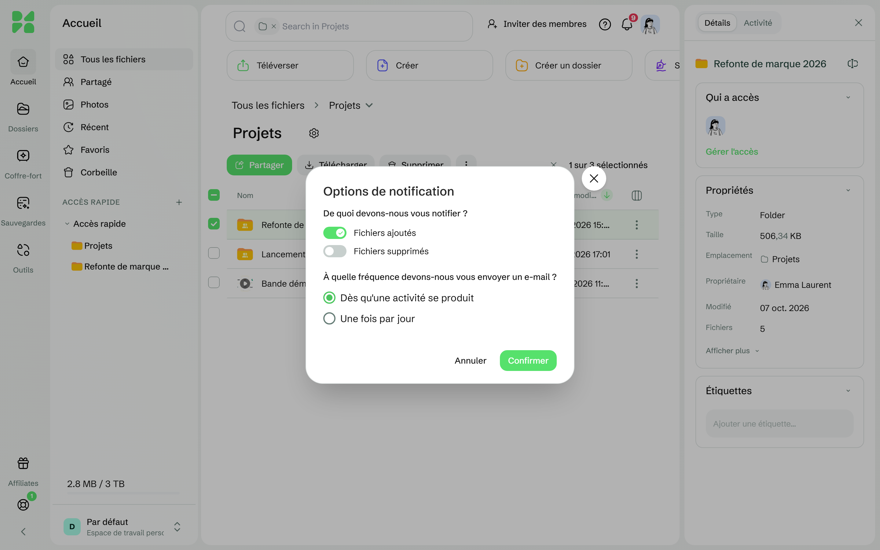 La fenêtre Options de notification avec Fichiers ajoutés activé et Dès qu'une activité se produit sélectionné