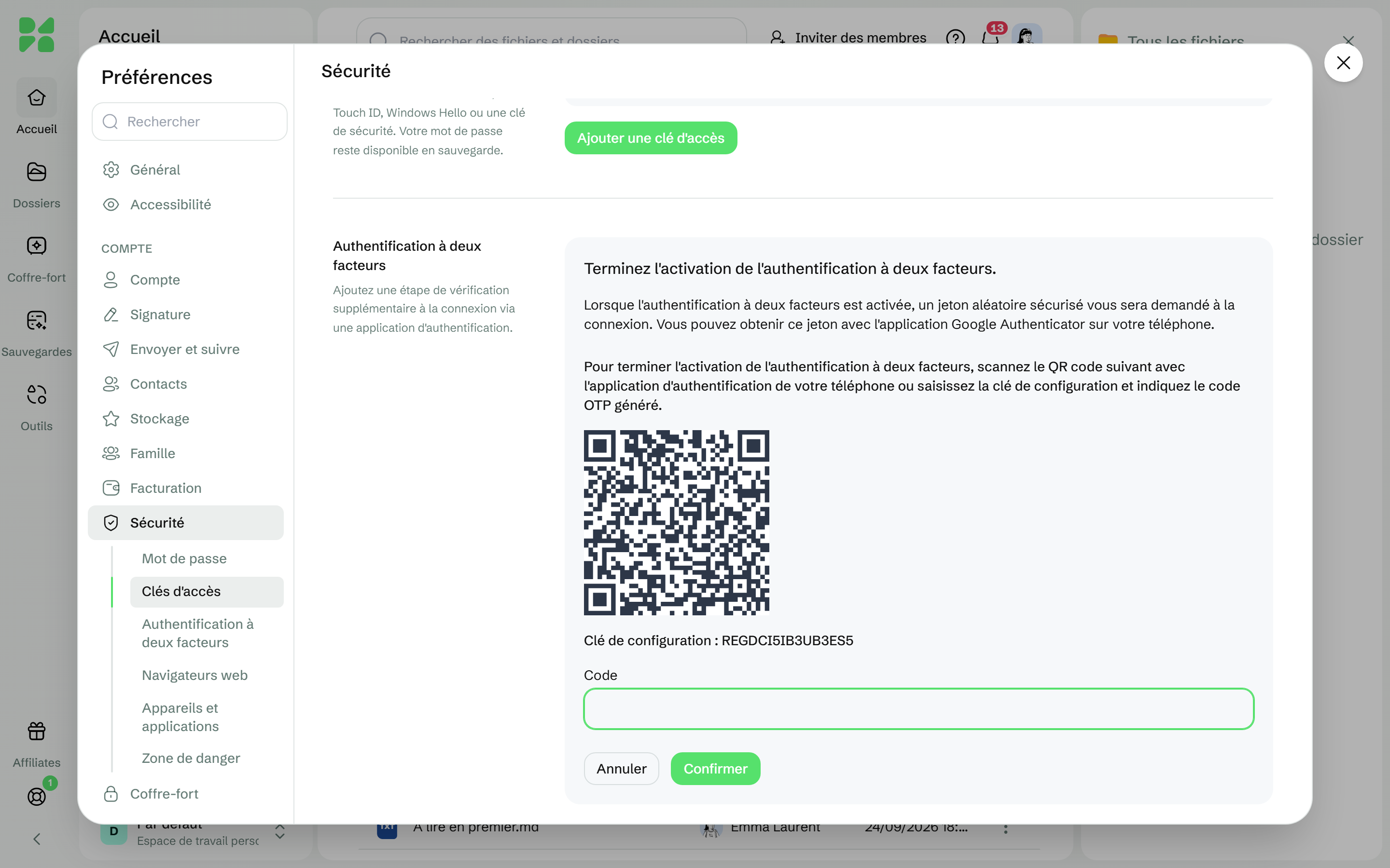 Le panneau Authentification à deux facteurs avec le QR code, la clé de configuration et le champ Code