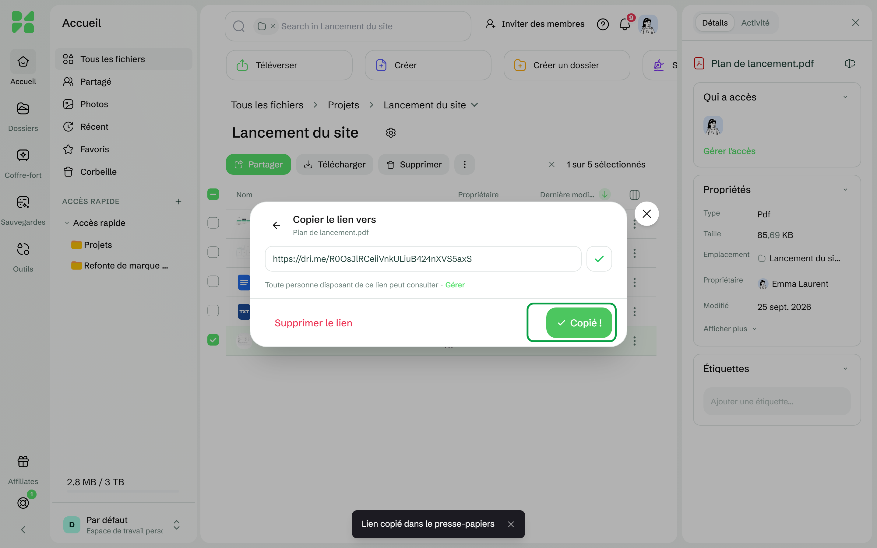 La fenêtre de partage avec la mention Toute personne disposant de ce lien peut consulter et le bouton Copier le lien