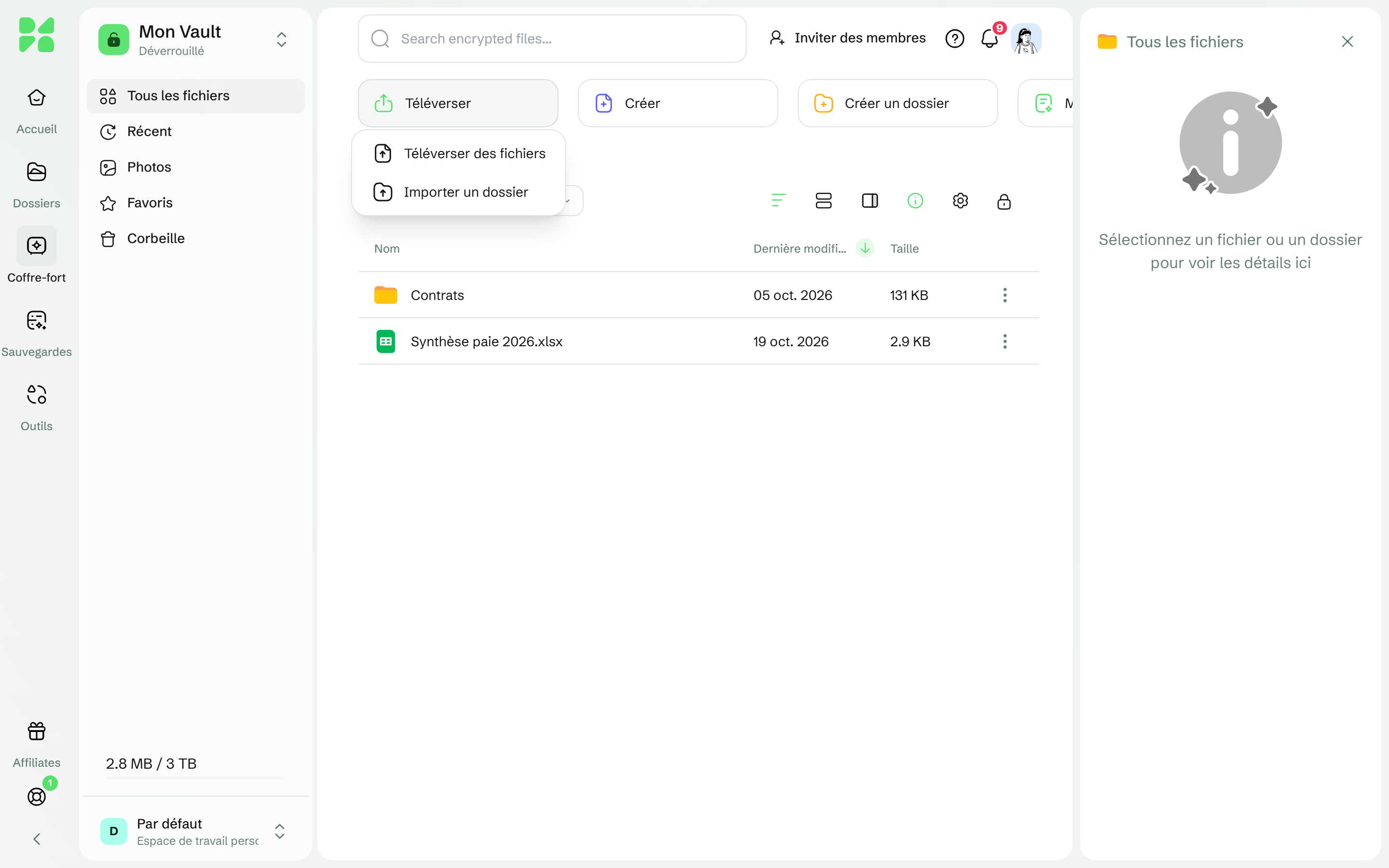 La barre d'outils du Vault avec le menu Téléverser ouvert sur Téléverser des fichiers et Importer un dossier