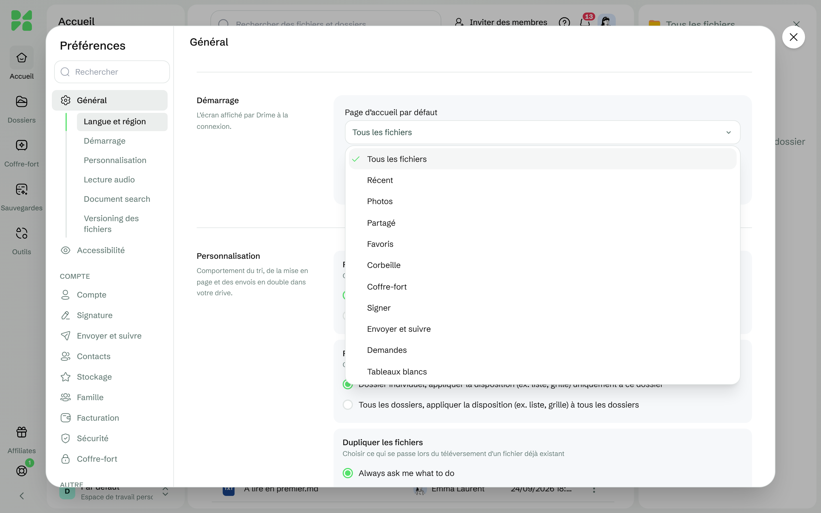 Préférences, Général, avec la section Démarrage et sa liste Page d'accueil par défaut ouverte