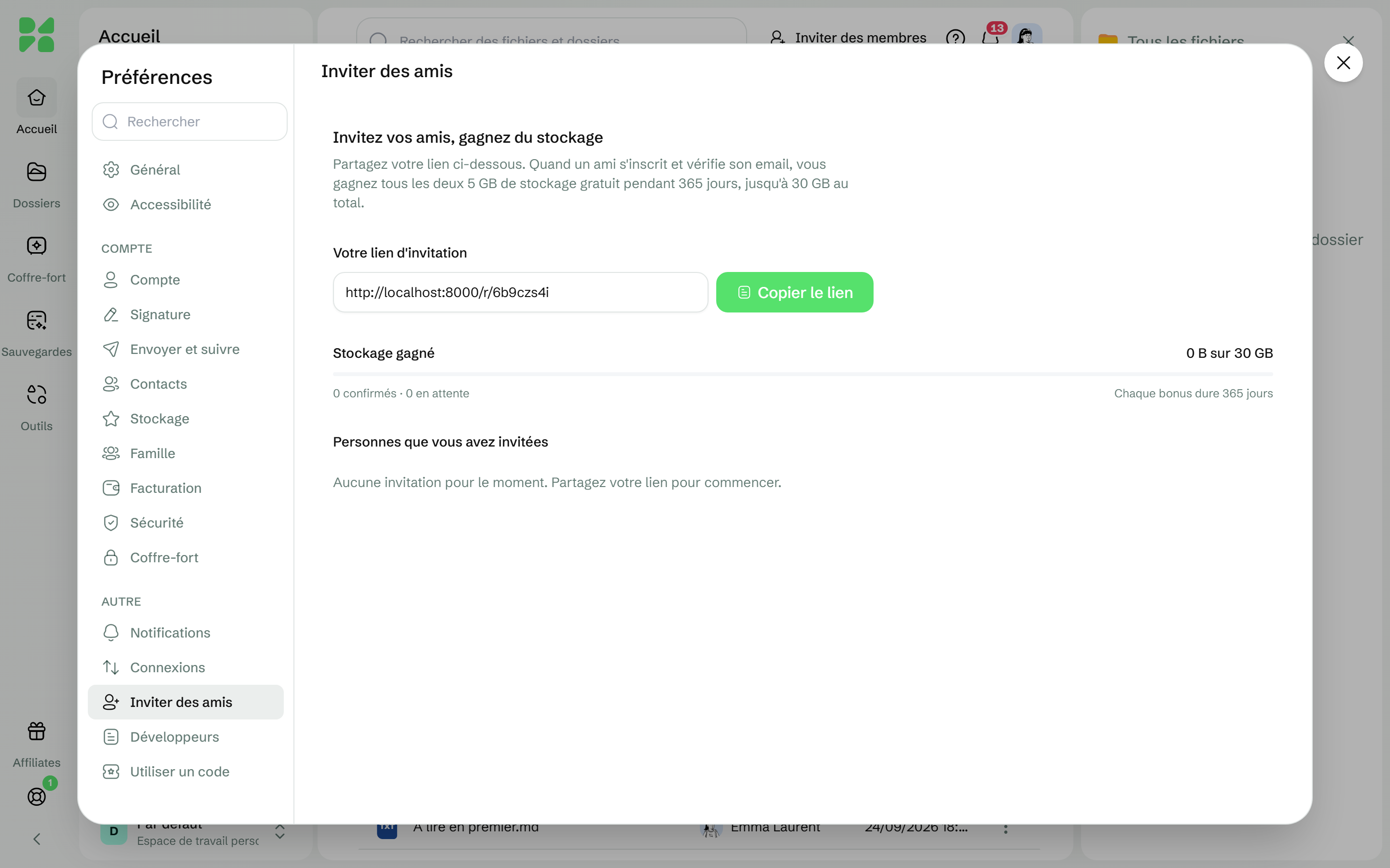La section Inviter des amis avec le lien d'invitation, le bouton Copier le lien et le stockage gagné
