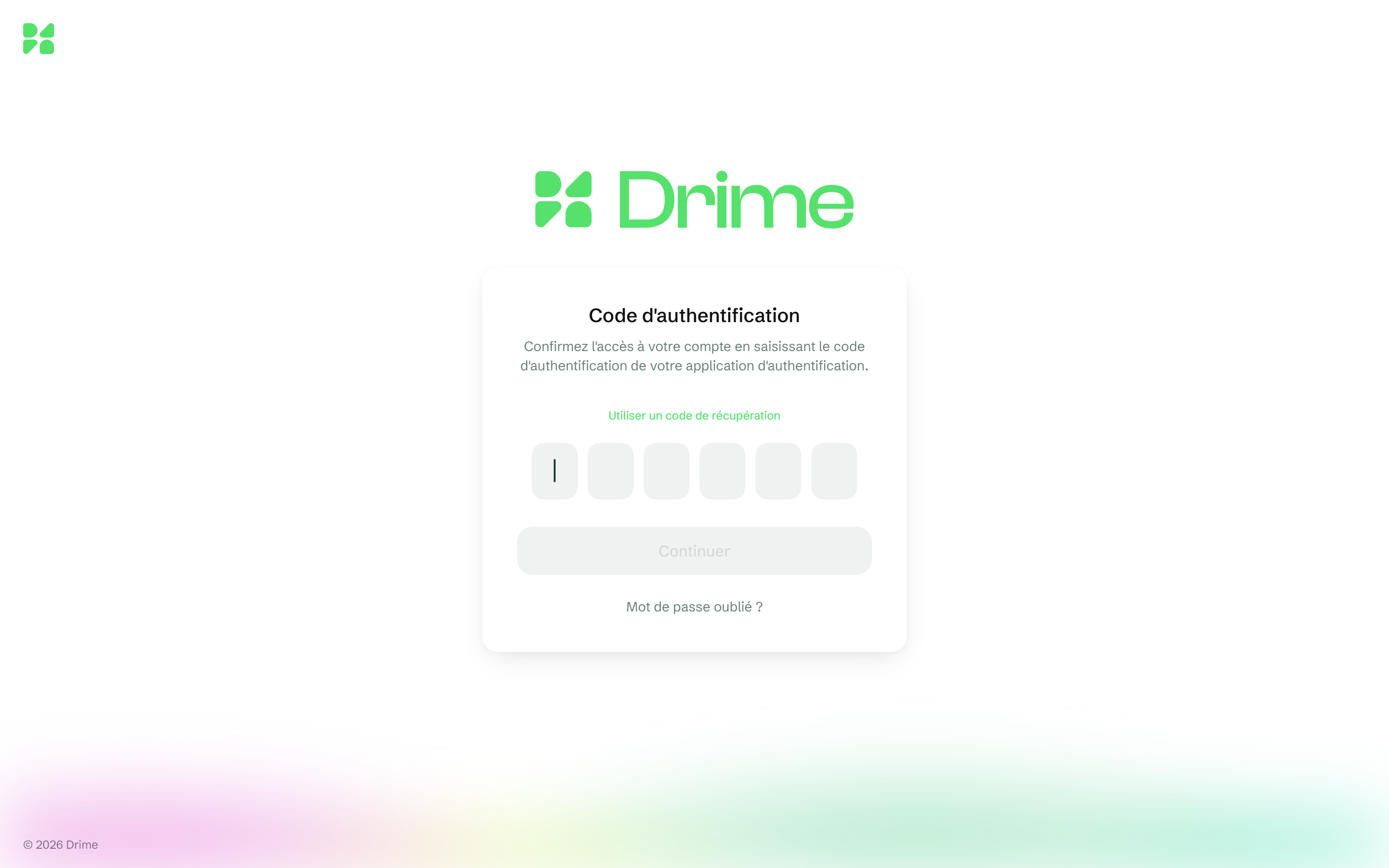L'étape du code d'authentification après le mot de passe, le champ vide