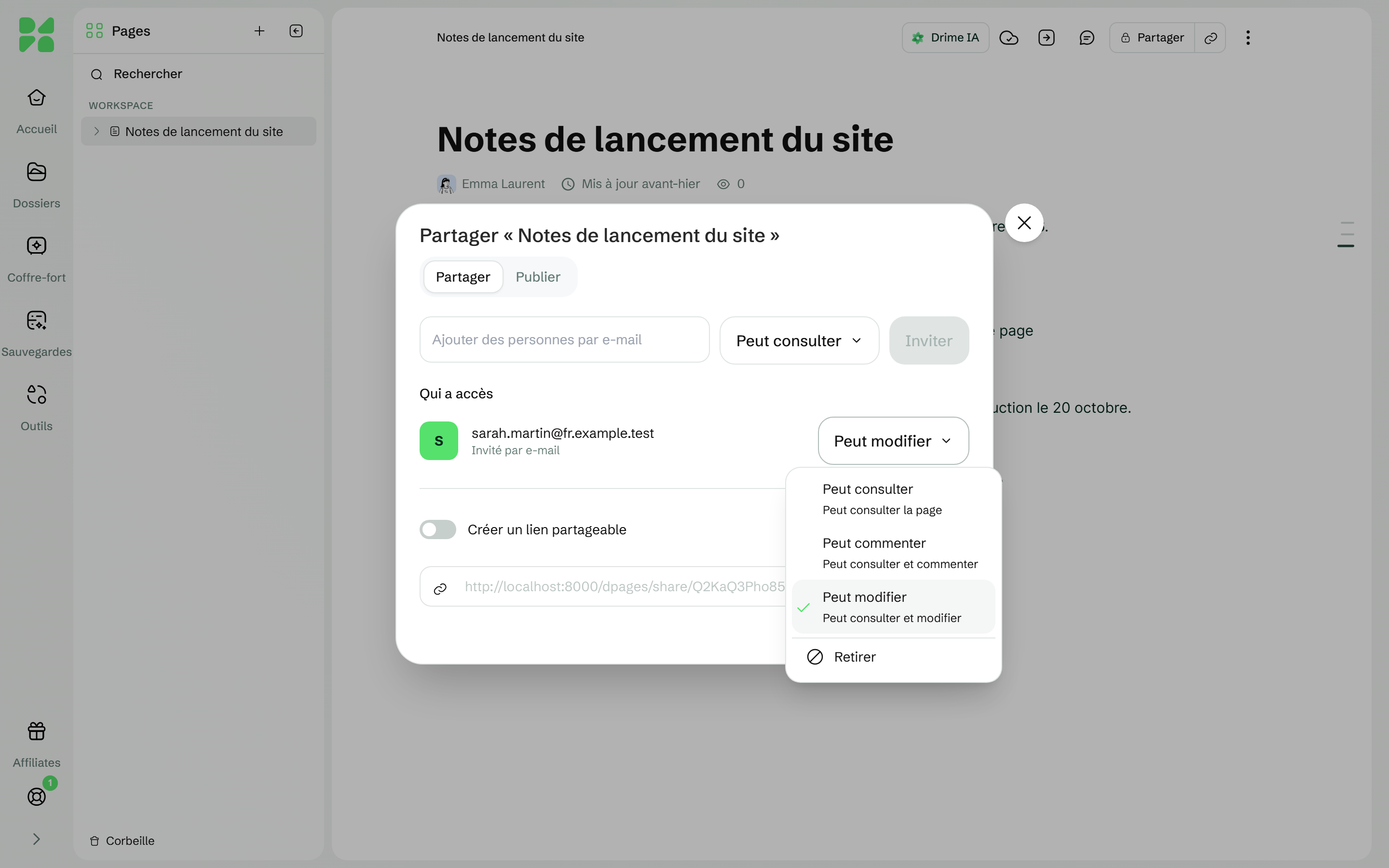 La fenêtre de partage d'une page avec un membre et les choix Peut consulter, Peut commenter et Peut modifier