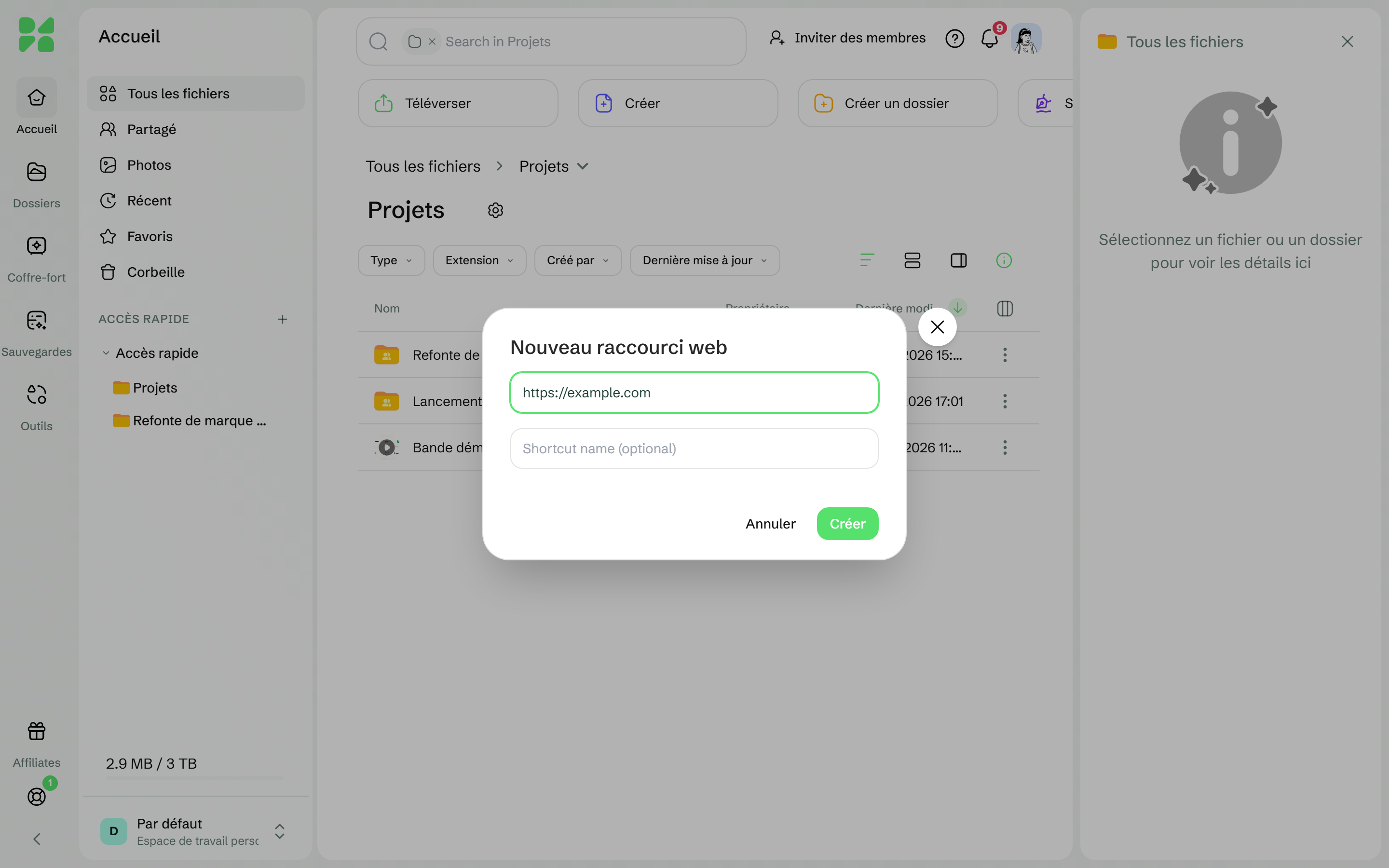 La fenêtre Nouveau raccourci web avec une adresse saisie et le bouton Créer