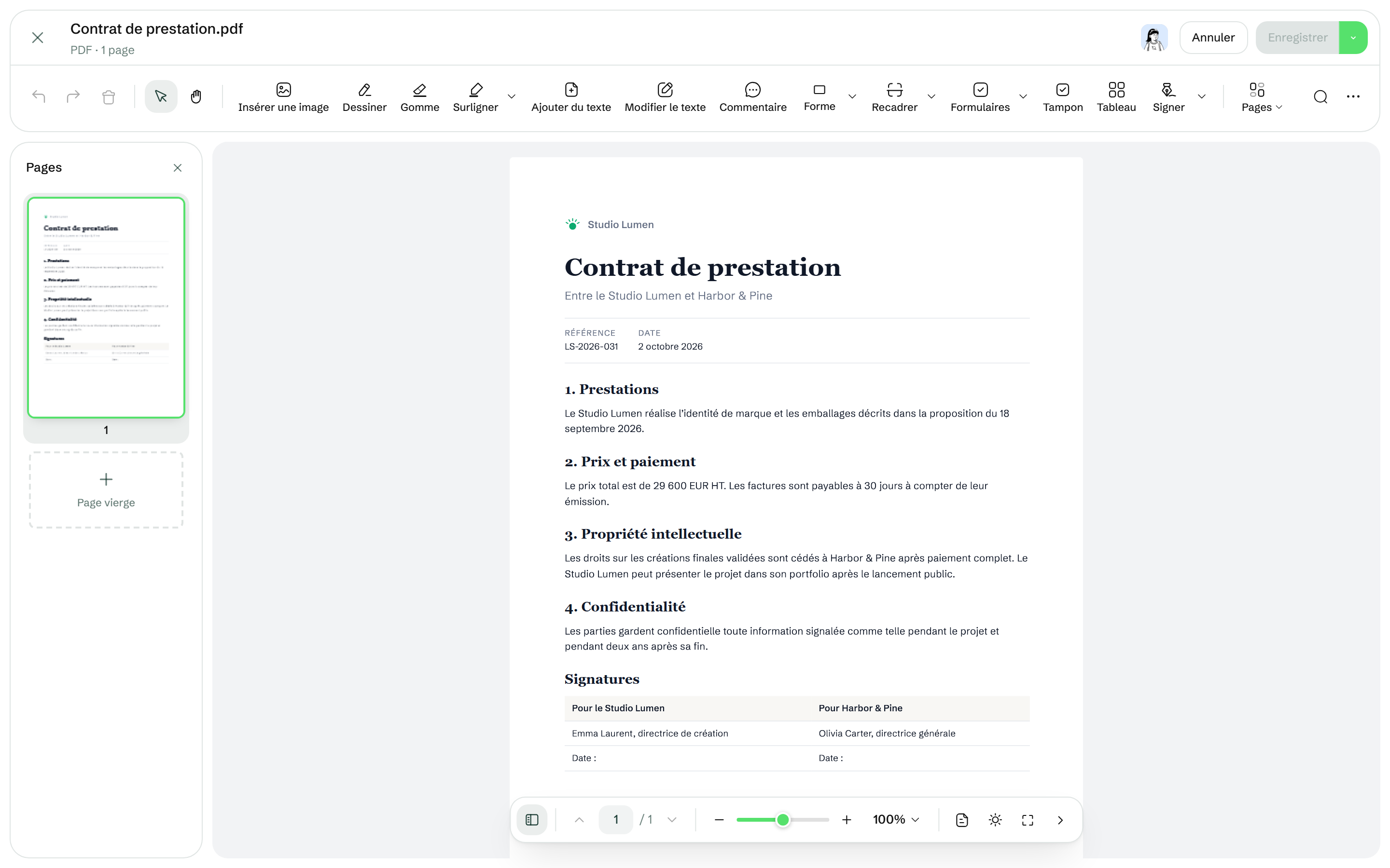 L'éditeur PDF de Drime avec son en-tête, sa barre d'outils et sa colonne des pages au-dessus d'un contrat de démonstration