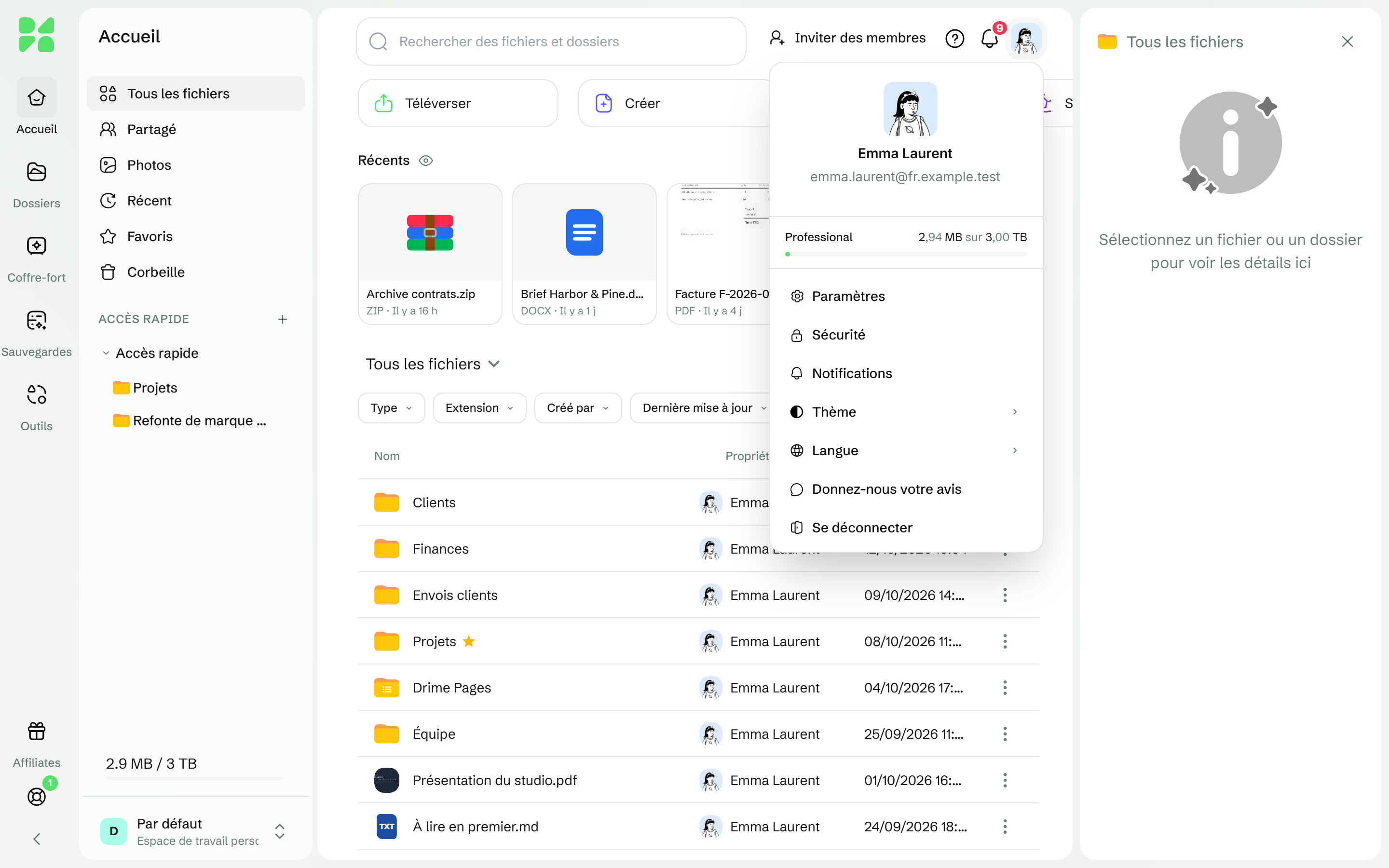 Le menu du compte ouvert sous l'avatar, avec Paramètres, Sécurité, Notifications, Thème, Langue, Donnez-nous votre avis et Se déconnecter