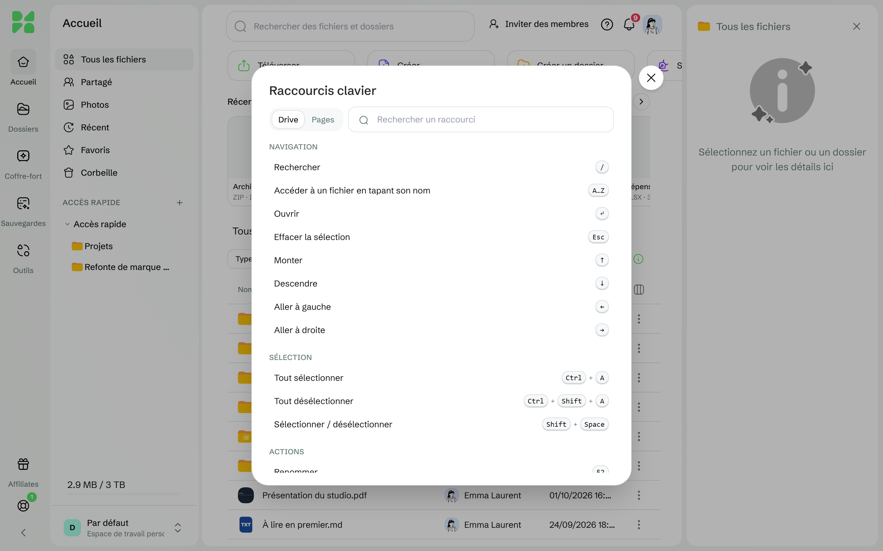 La fenêtre des raccourcis clavier ouverte depuis le menu d’aide, avec les raccourcis du Drive