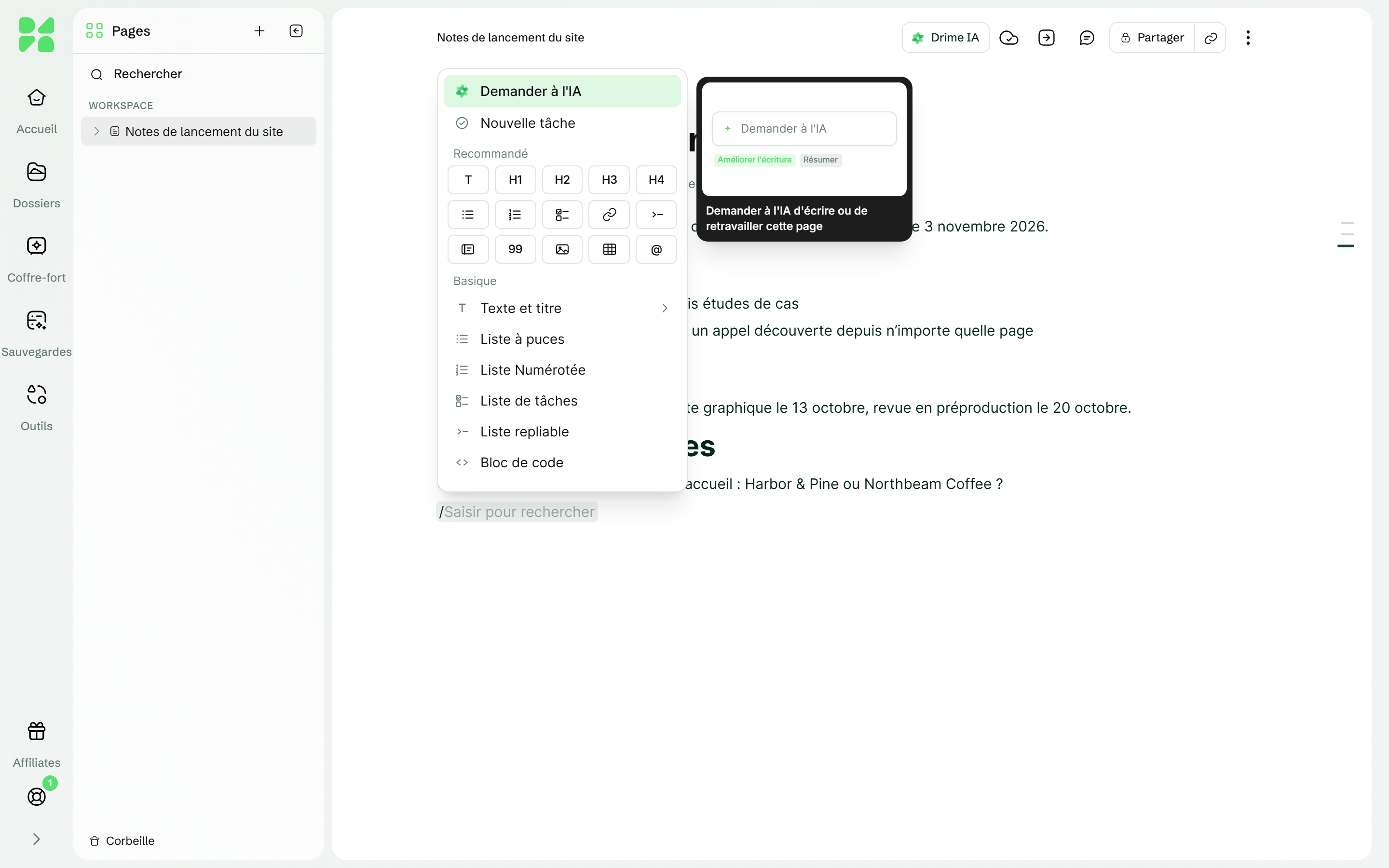 Le menu des blocs / ouvert dans une page