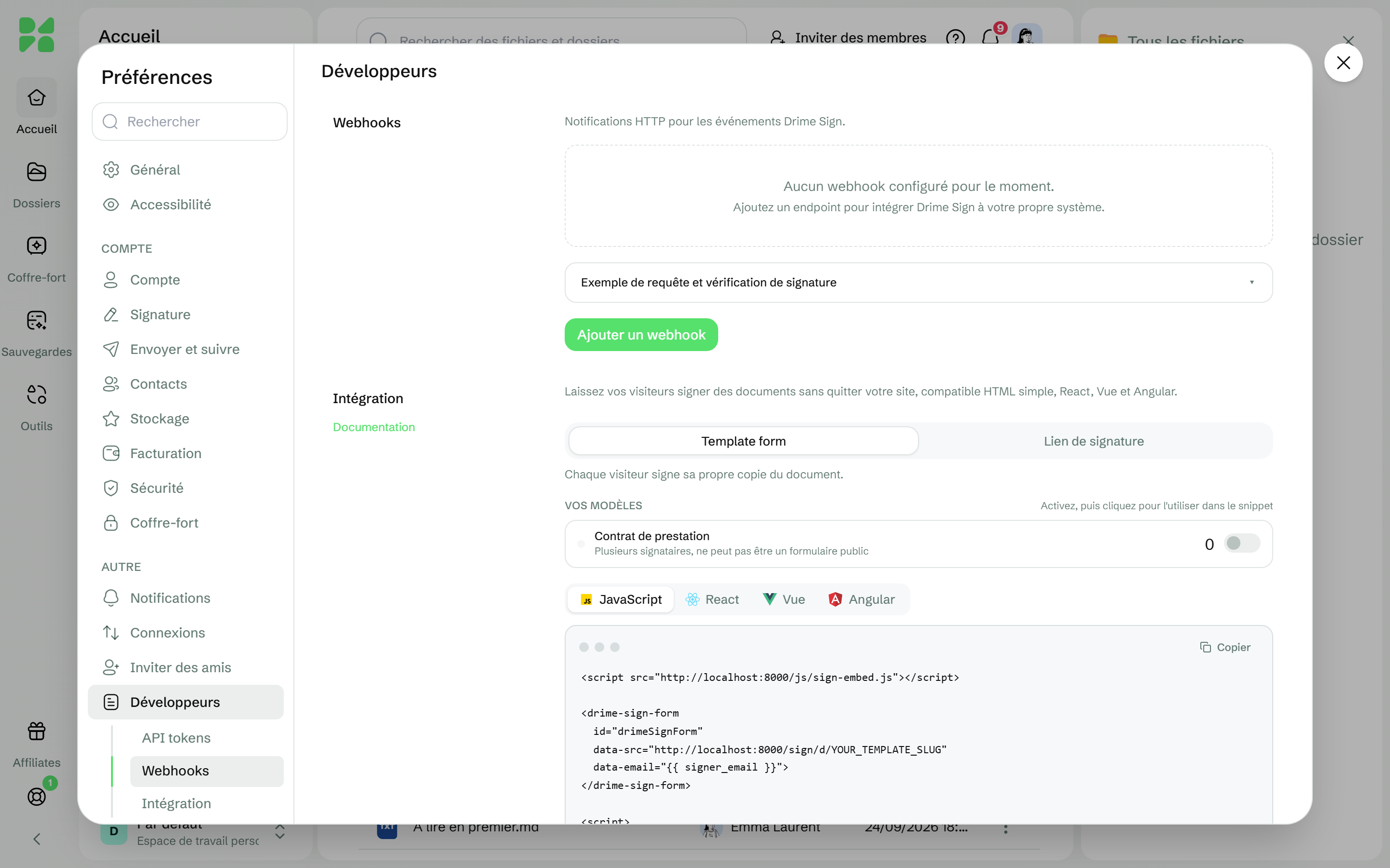 La section Webhooks des paramètres Développeurs avec Ajouter un webhook