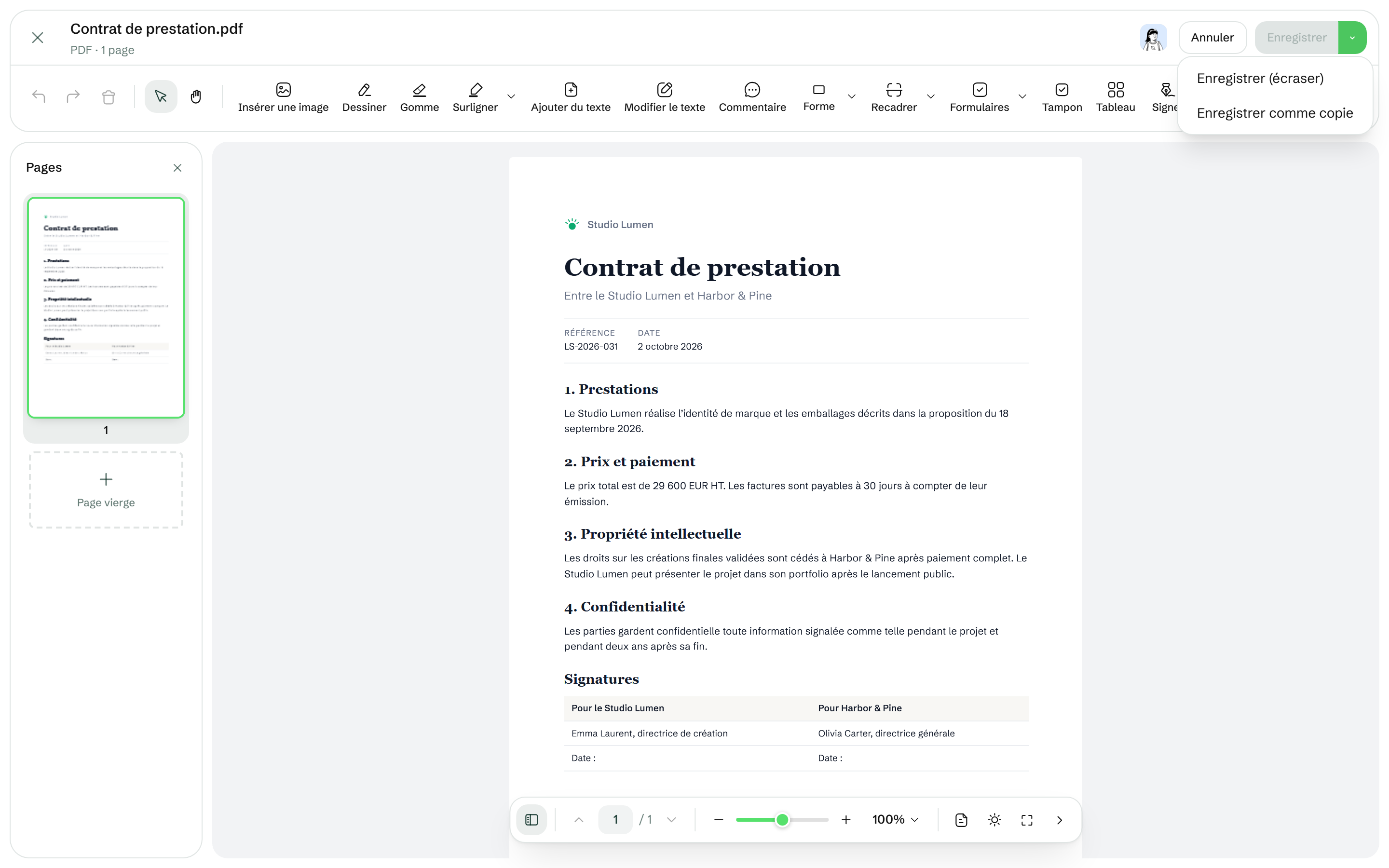 Le menu Enregistrer de l'éditeur PDF avec Enregistrer (écraser) et Enregistrer comme copie