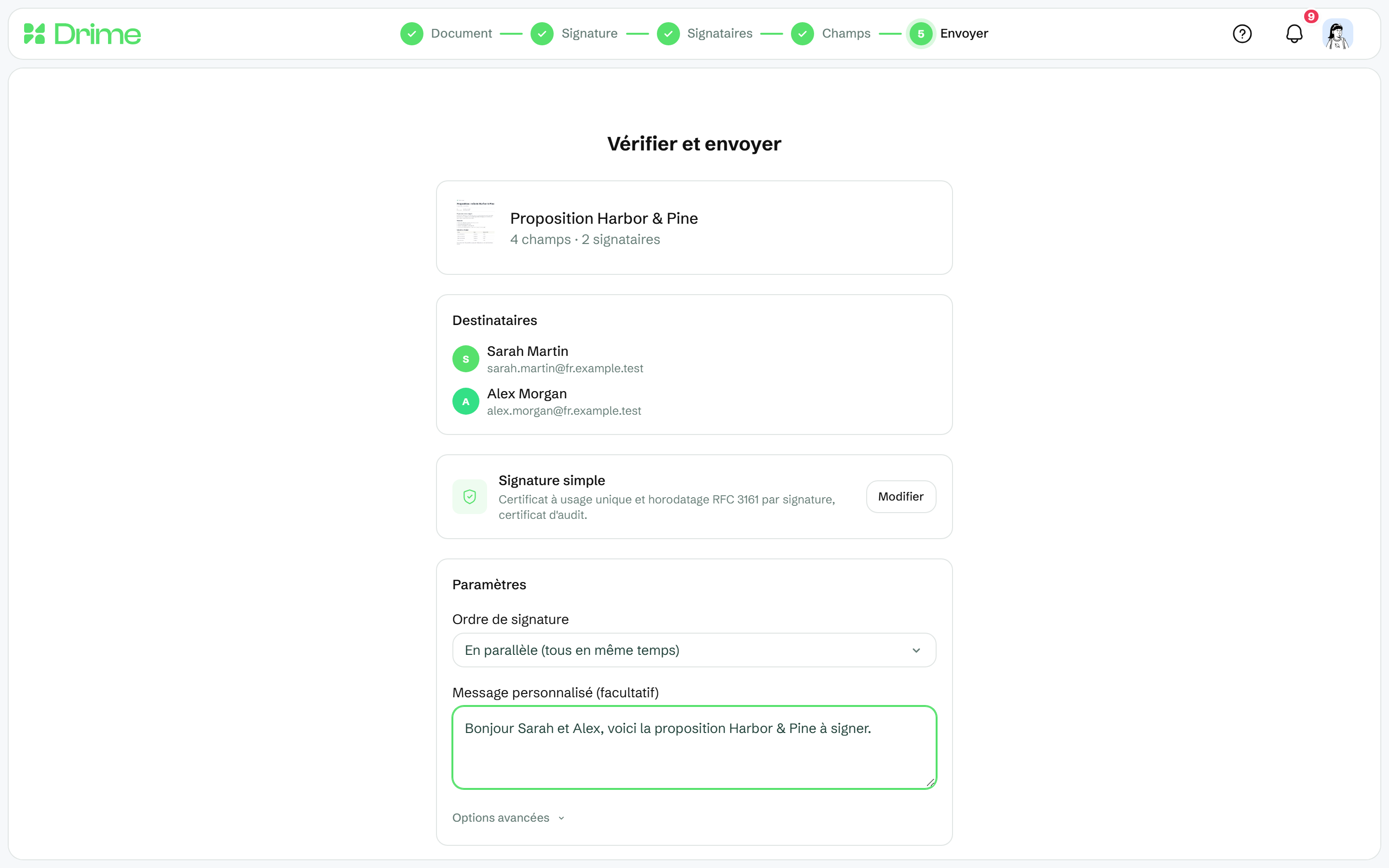 L'étape de vérification et d'envoi avec le message personnalisé, la date limite et les rappels automatiques