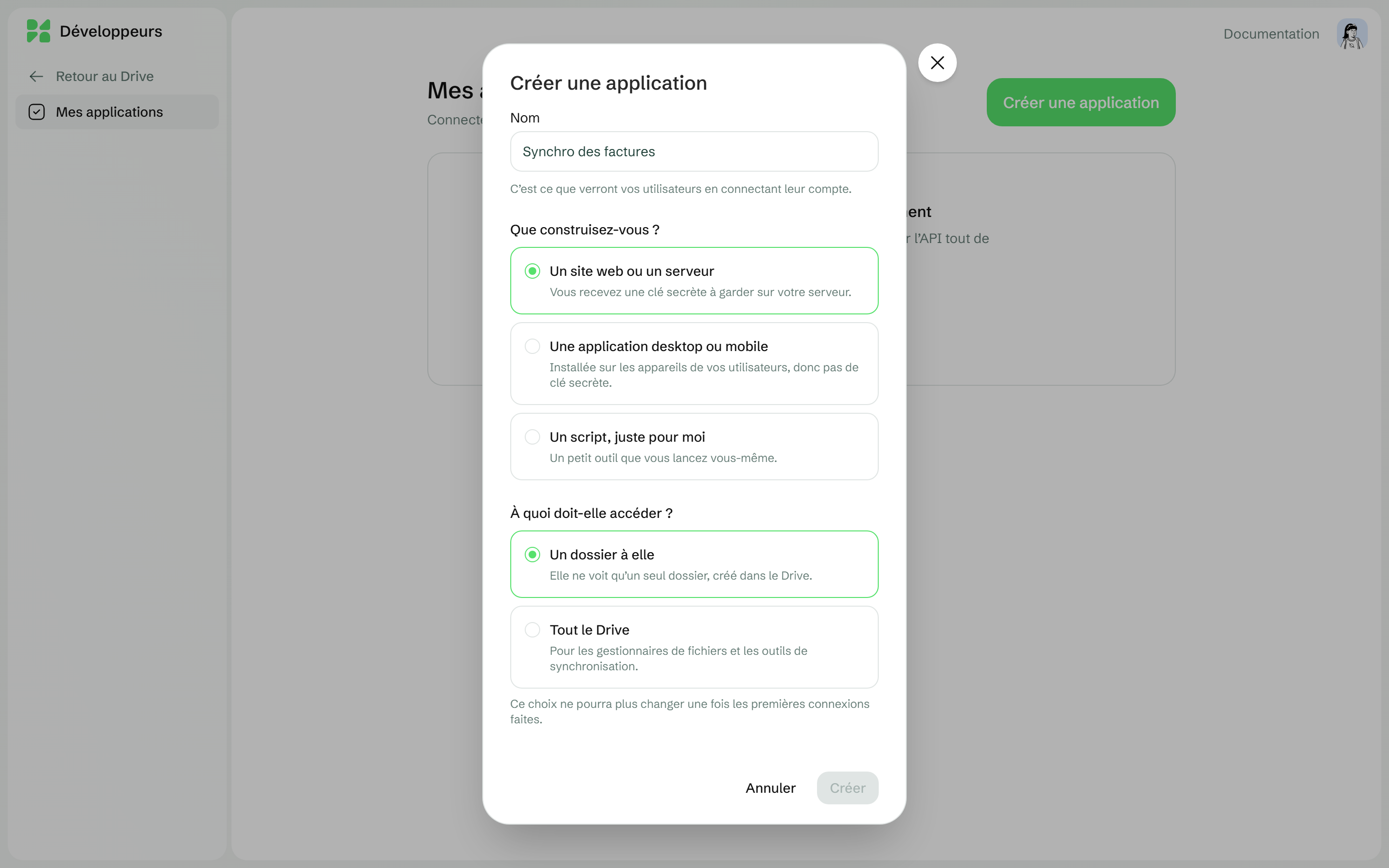 Le formulaire Créer une application du portail développeur avec les trois types d'application