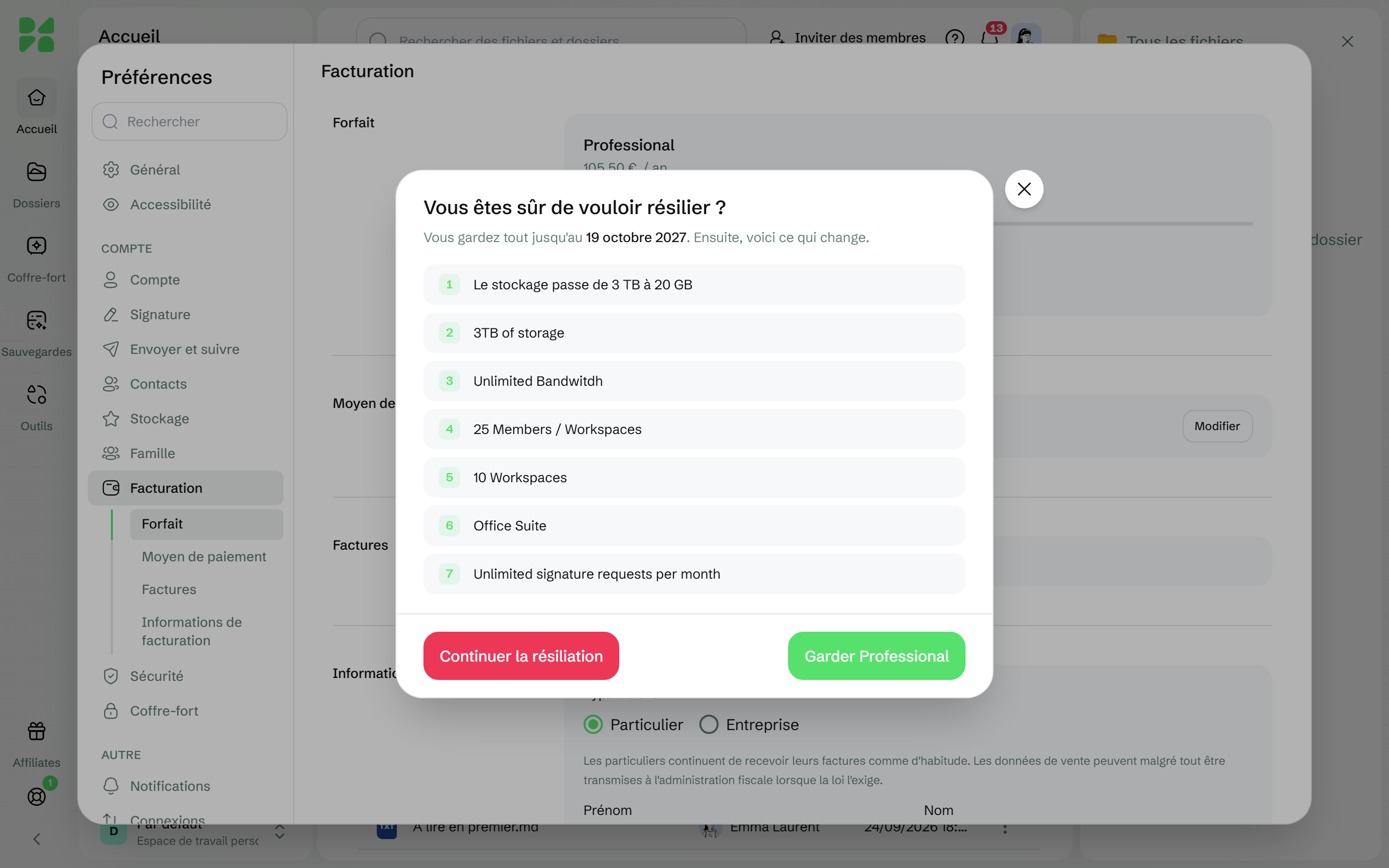 Le dernier écran de résiliation, Vous êtes sûr de vouloir résilier ?, avec Continuer la résiliation et Garder mon offre