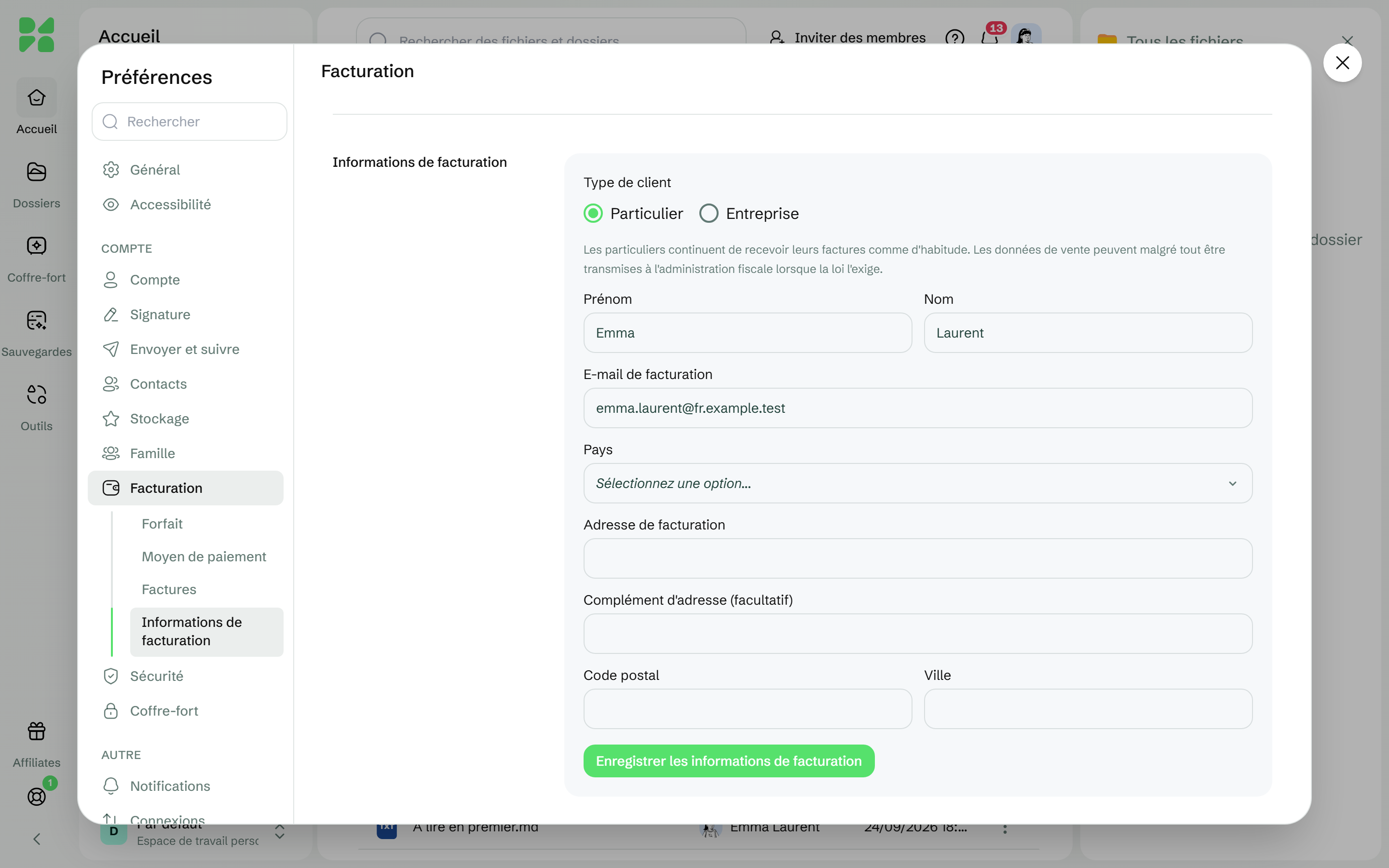 La section Informations de facturation avec le type de client, l'e-mail de facturation, le pays et les champs d'adresse