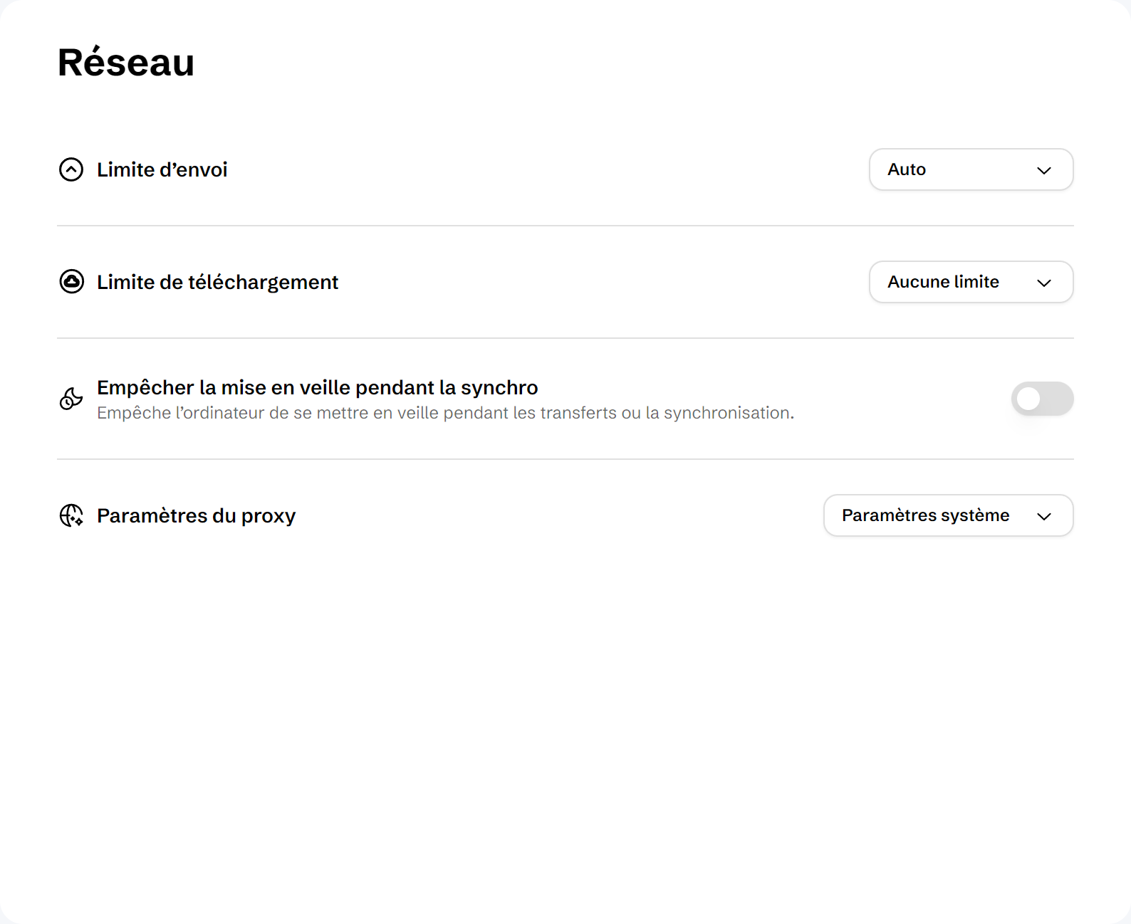 Préférences de Drime Desktop, Réseau : limites de débit en envoi et en téléchargement, empêcher la mise en veille pendant la synchronisation et réglages du proxy