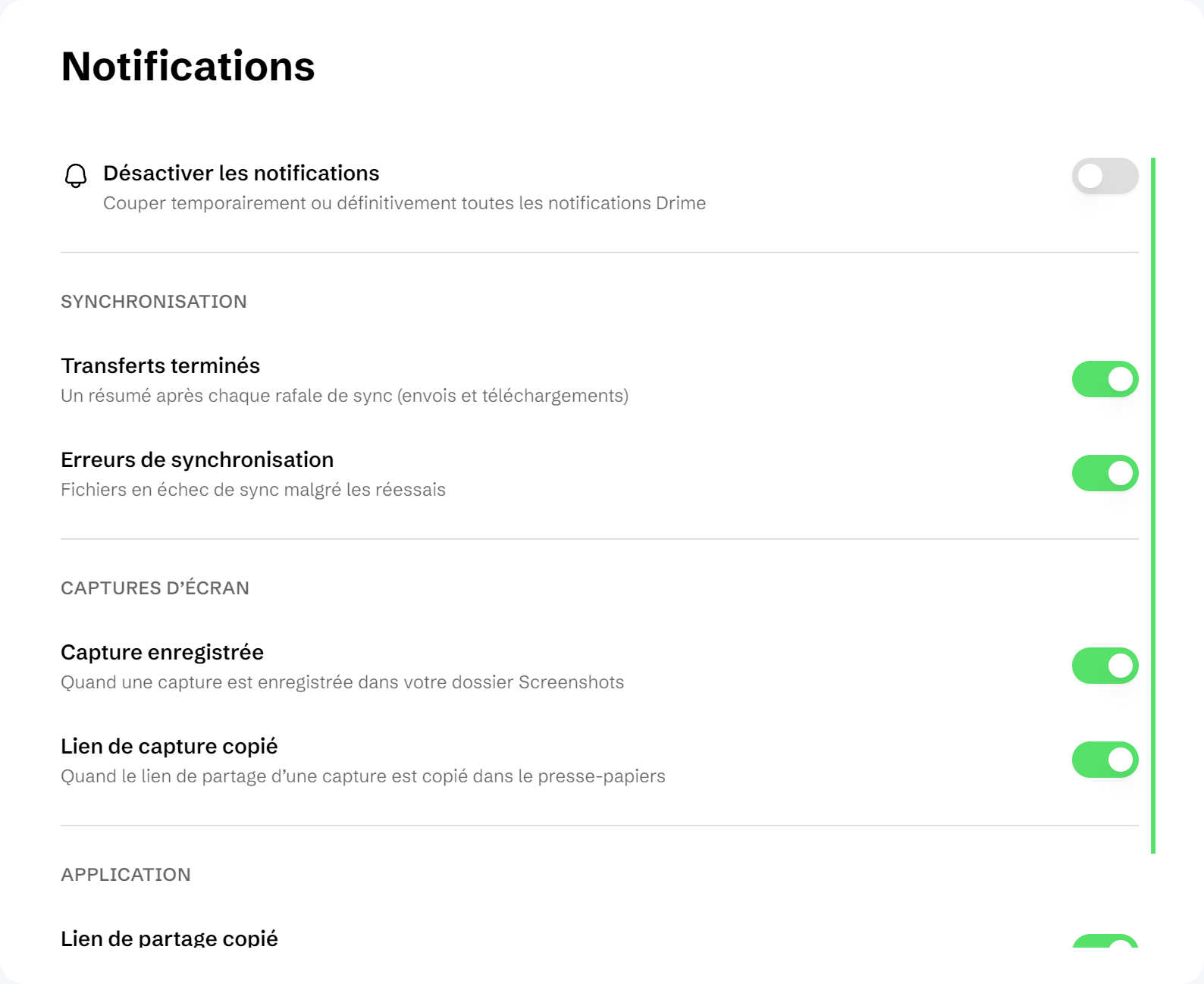Préférences de Drime Desktop, Notifications : désactiver les notifications, et les notifications de synchronisation, de captures et de l’application une par une