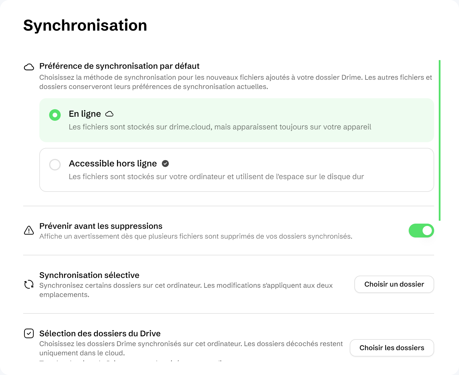 Les Préférences de Drime Desktop, Synchronisation : la préférence de synchronisation par défaut