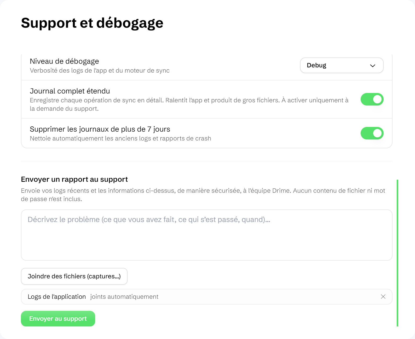Le panneau Support et débogage avec une description, une capture jointe et Joindre les logs coché