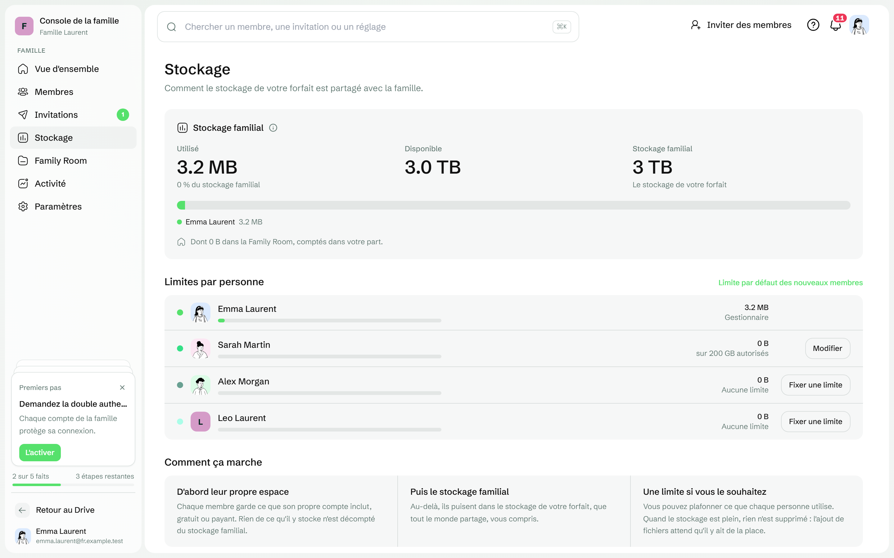 La page Stockage de la console de la famille avec Limites par personne