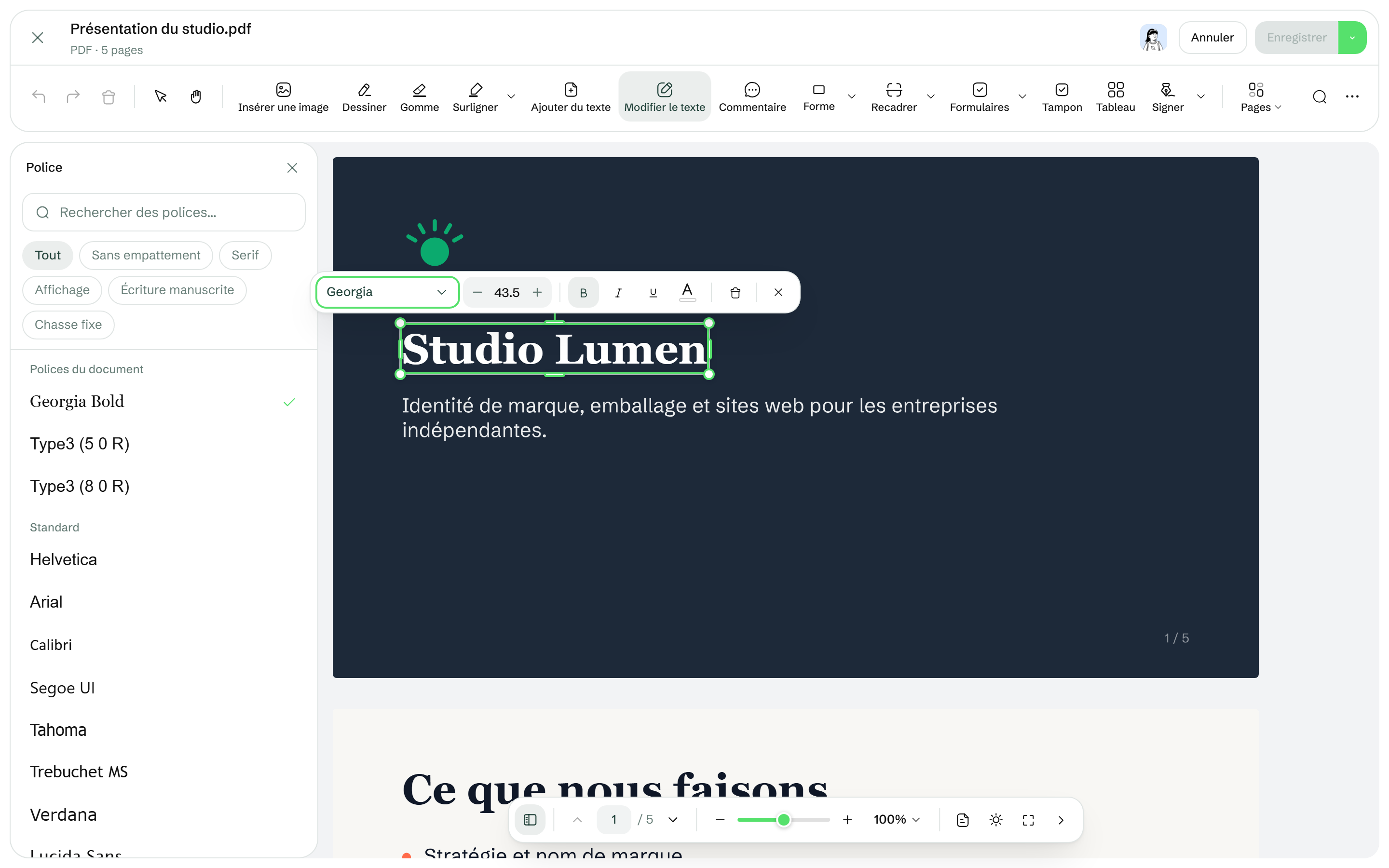 Le panneau des polices de l'éditeur PDF avec la recherche et ses listes de polices