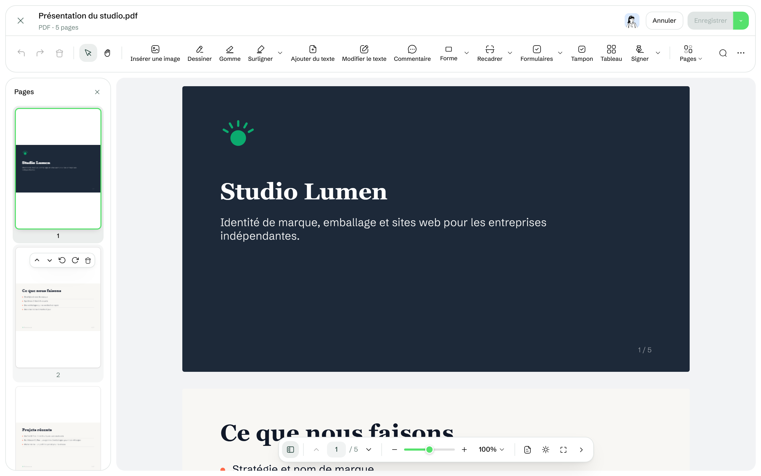 La colonne des pages de l'éditeur PDF avec les boutons Move up, Move down, Rotate left, Rotate right et Delete d'une page