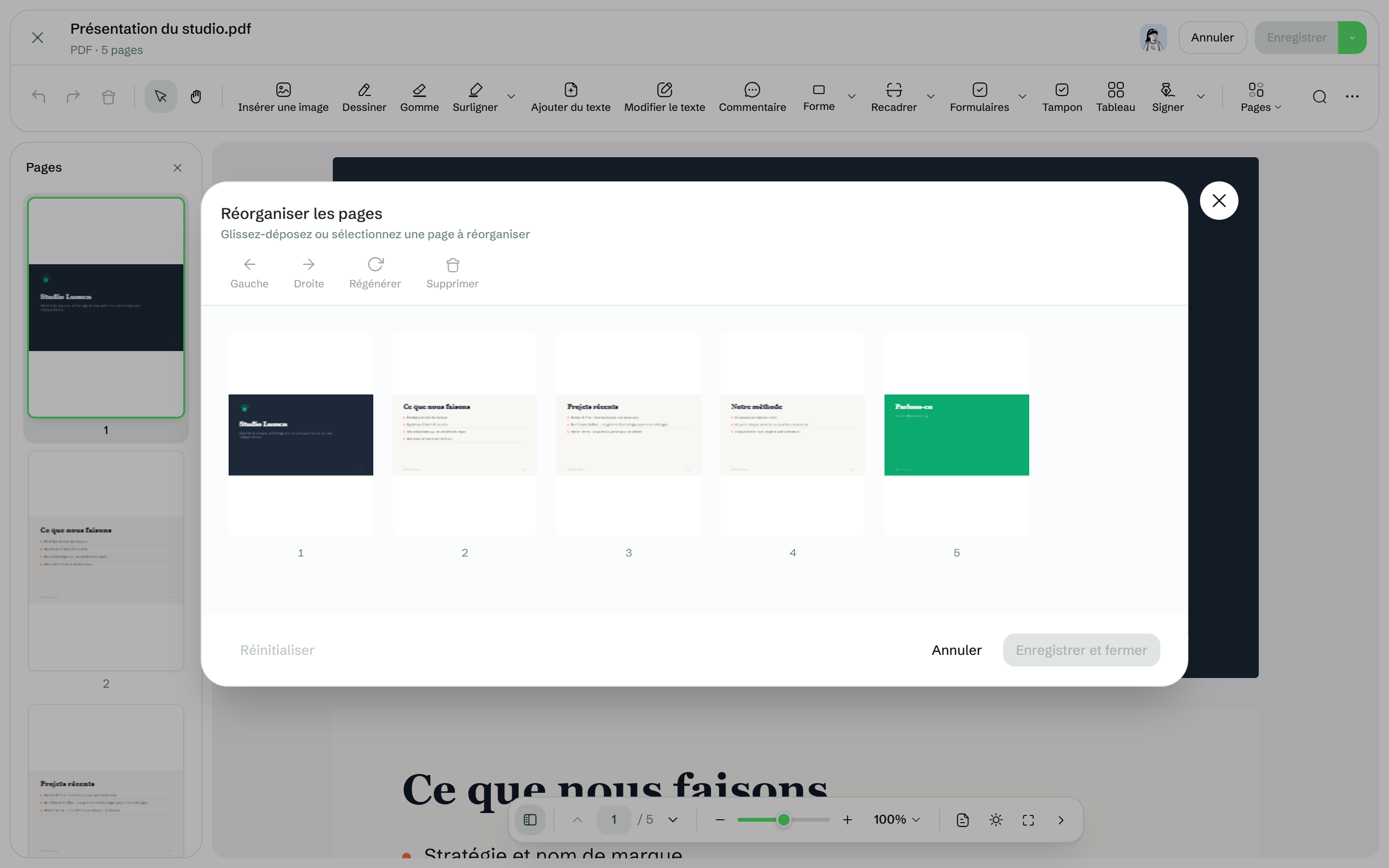 La fenêtre Réorganiser les pages avec les pages du PDF et les boutons Gauche, Droite, de rotation et Supprimer