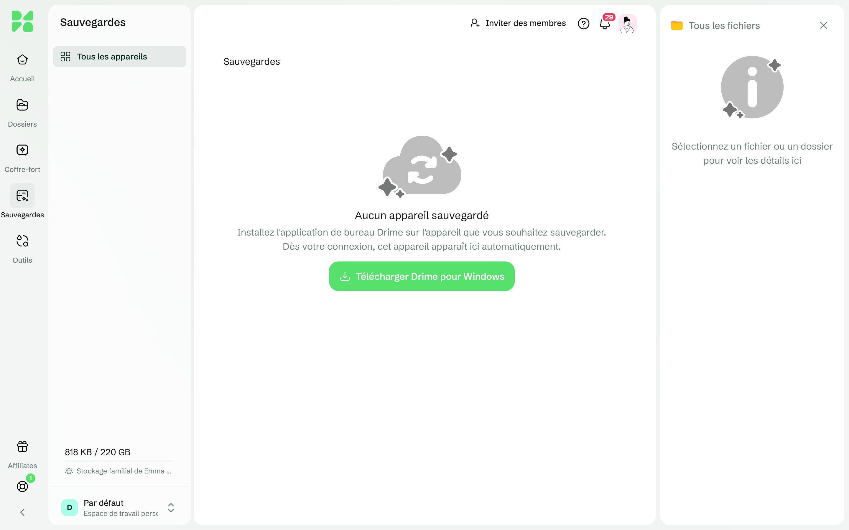 Les sauvegardes d'un compte sans ordinateur connecté : Aucun appareil sauvegardé, avec Télécharger Drime pour Windows