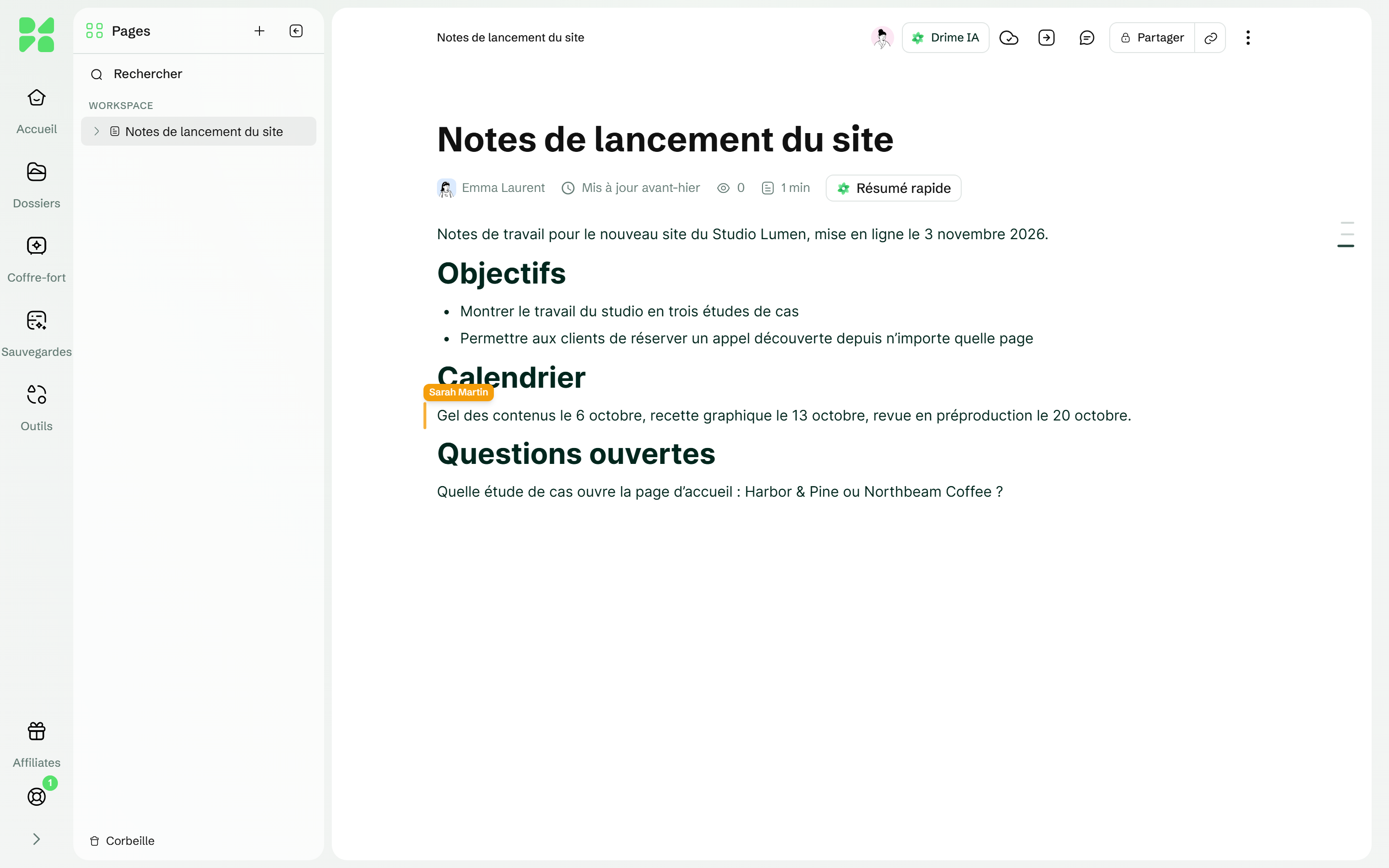 Une page ouverte par deux personnes, avec l'avatar de l'autre personne dans l'en-tête et son curseur nommé sur un paragraphe