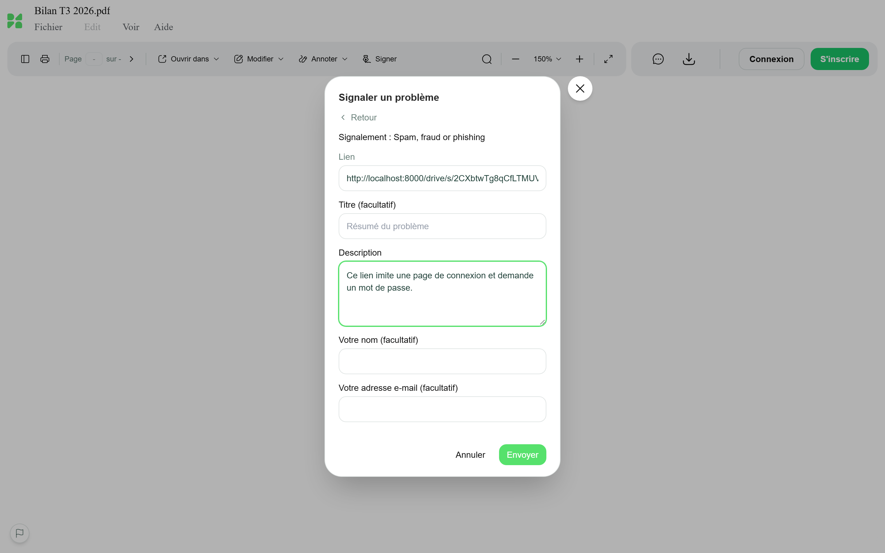 Le formulaire Signaler un problème avec un type de problème choisi, le lien rempli et une description saisie