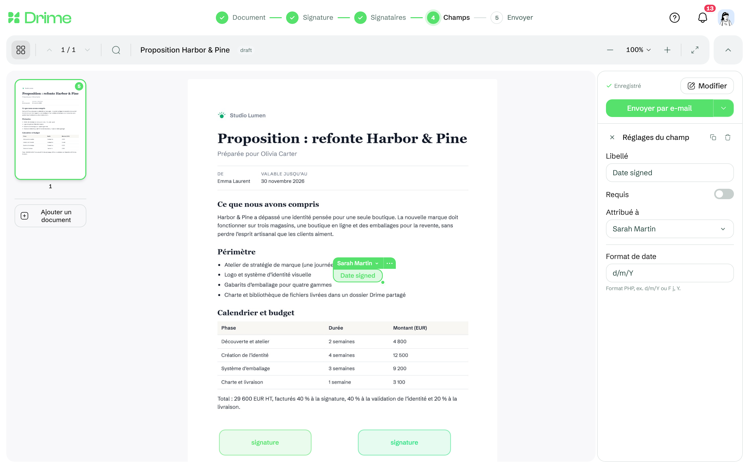 Réglages du champ pour un champ Date de signature, avec le réglage Format de date