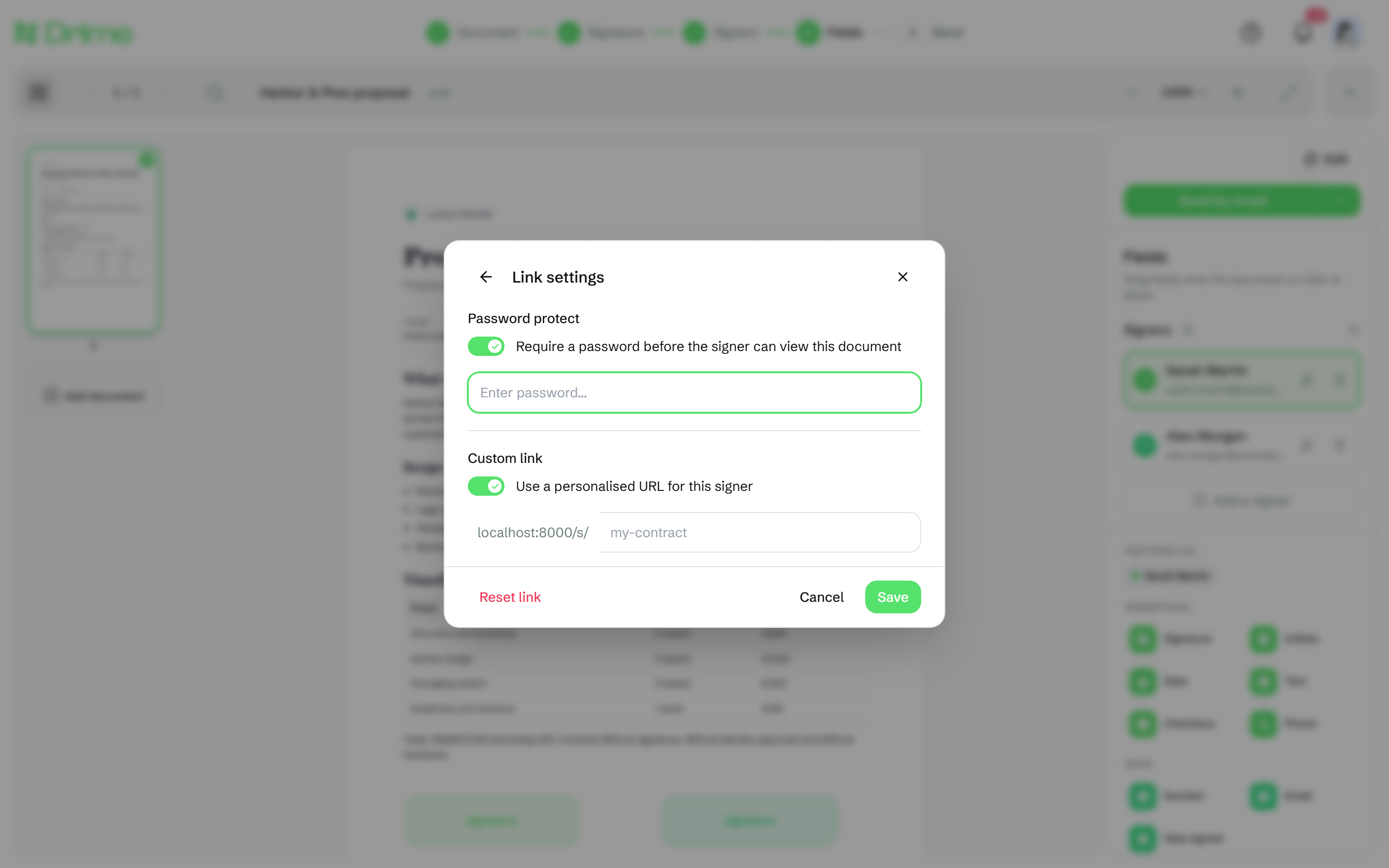 Impostazioni del link con Link personalizzato e Proteggi con password attivati