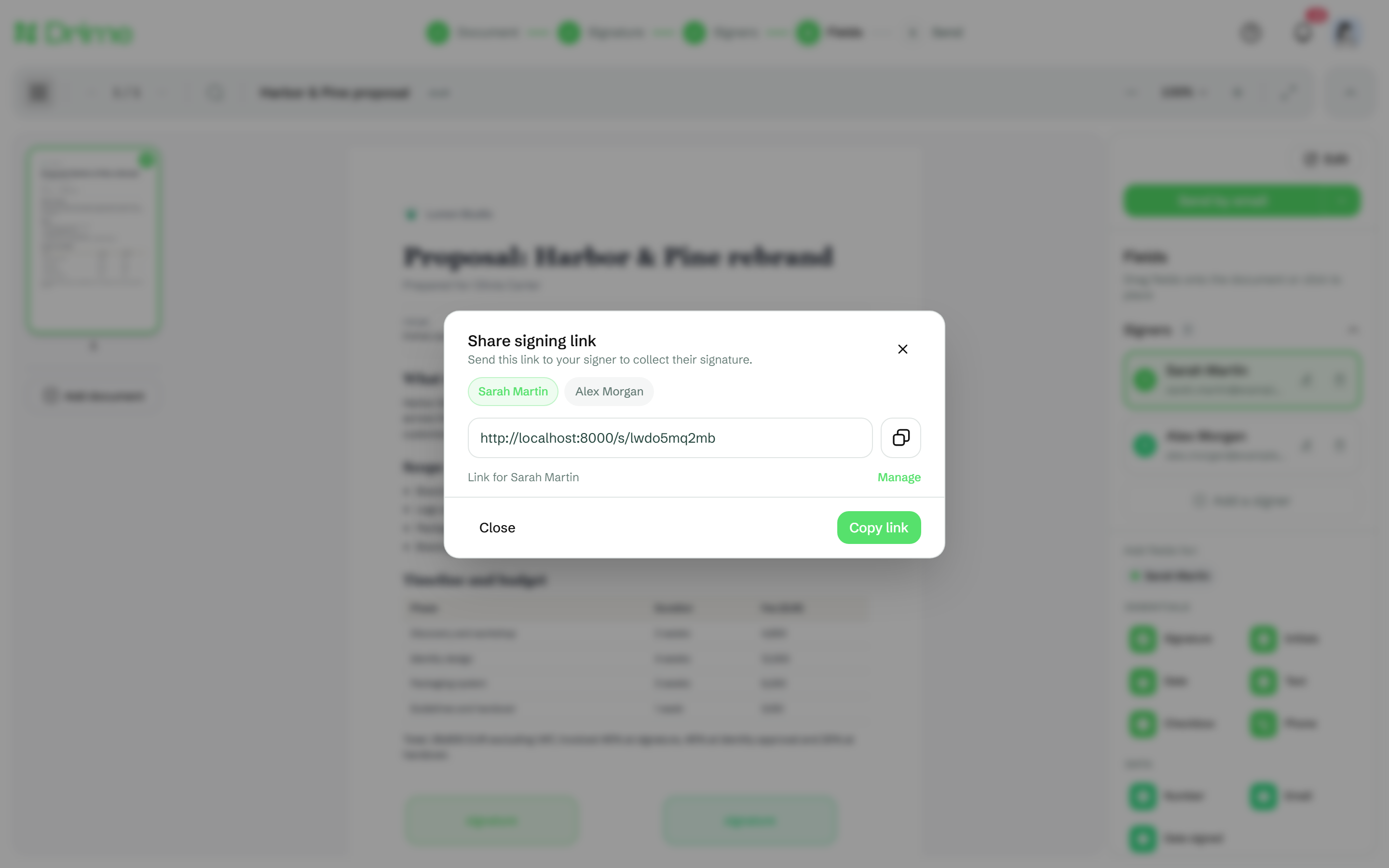 La finestra Condividi il link di firma con il link di un firmatario di prova, Copia link e Gestisci